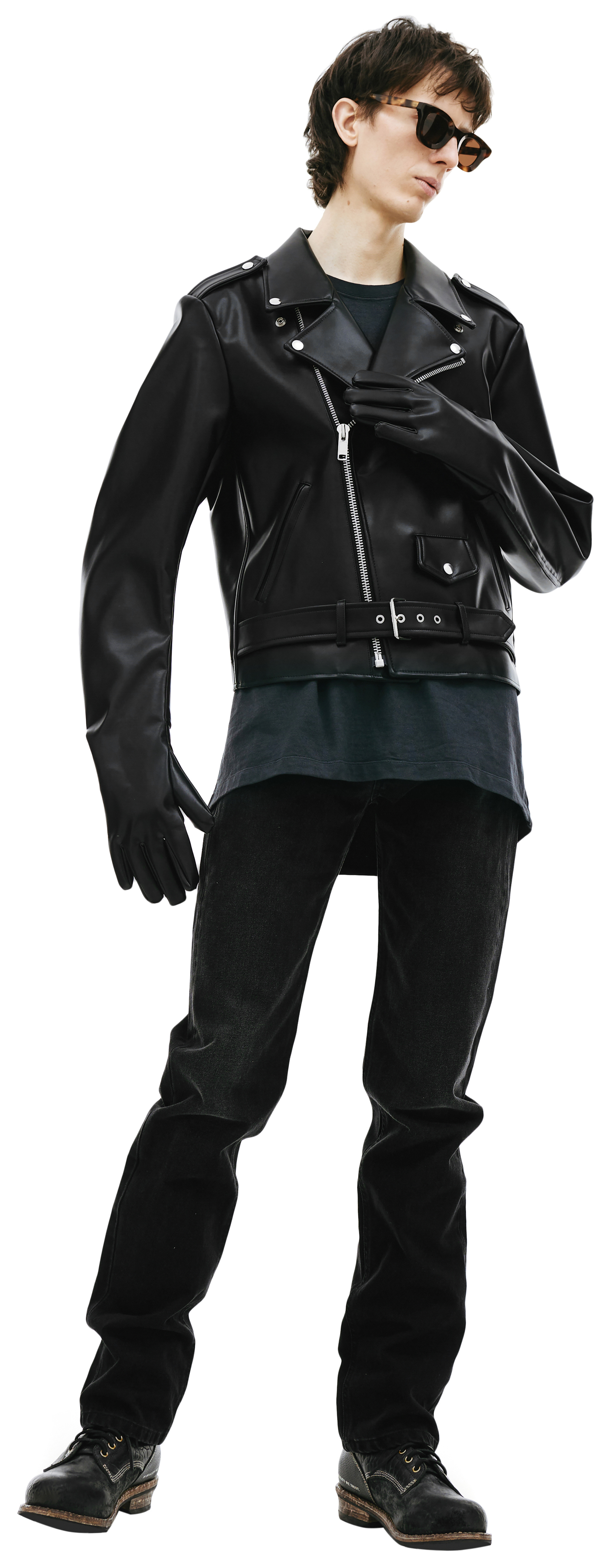 Buy Doublet men black glove sleeve rider's leather jacket for