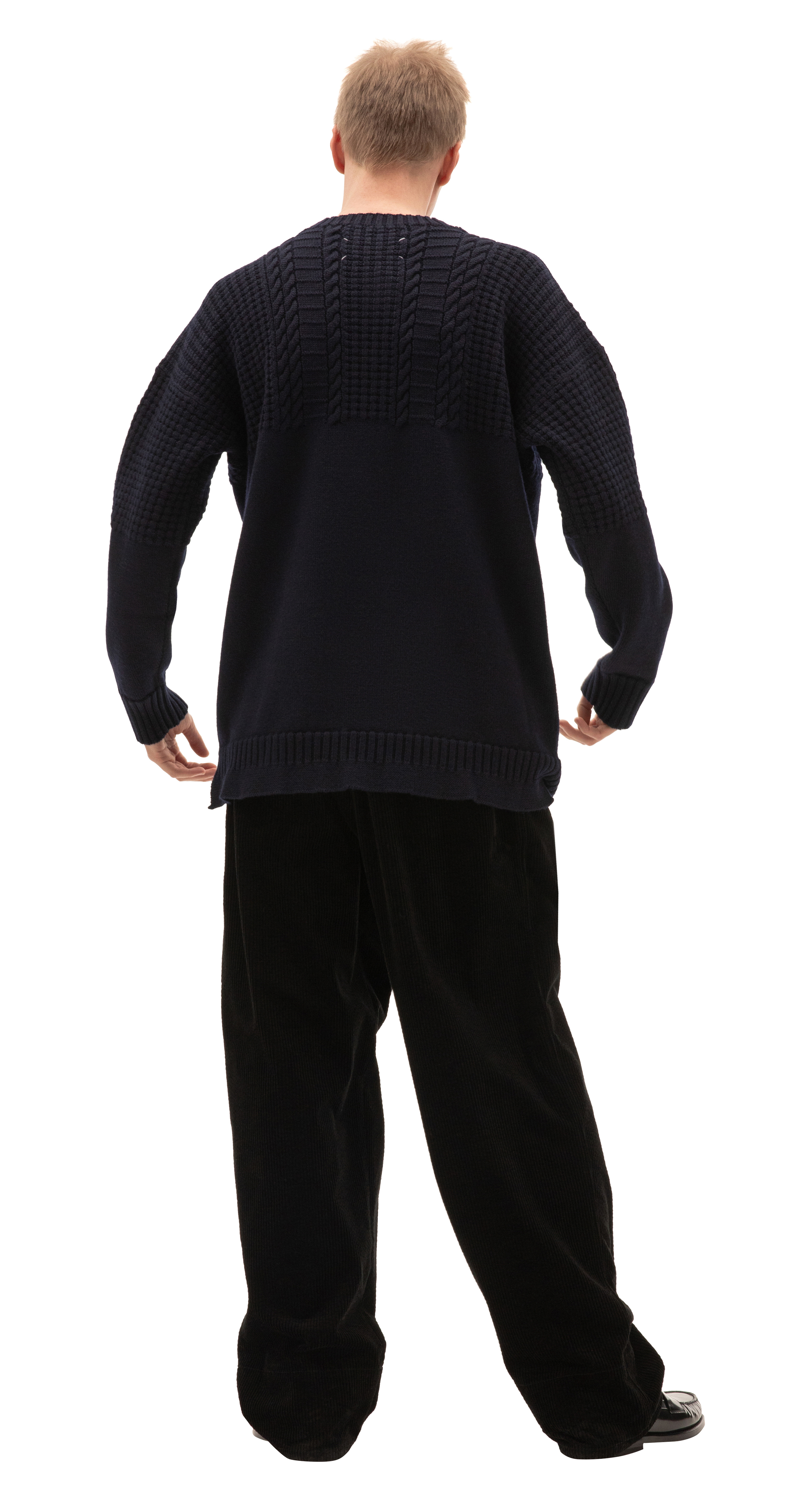 Buy Maison Margiela men cable knit wool sweater in navy blue for