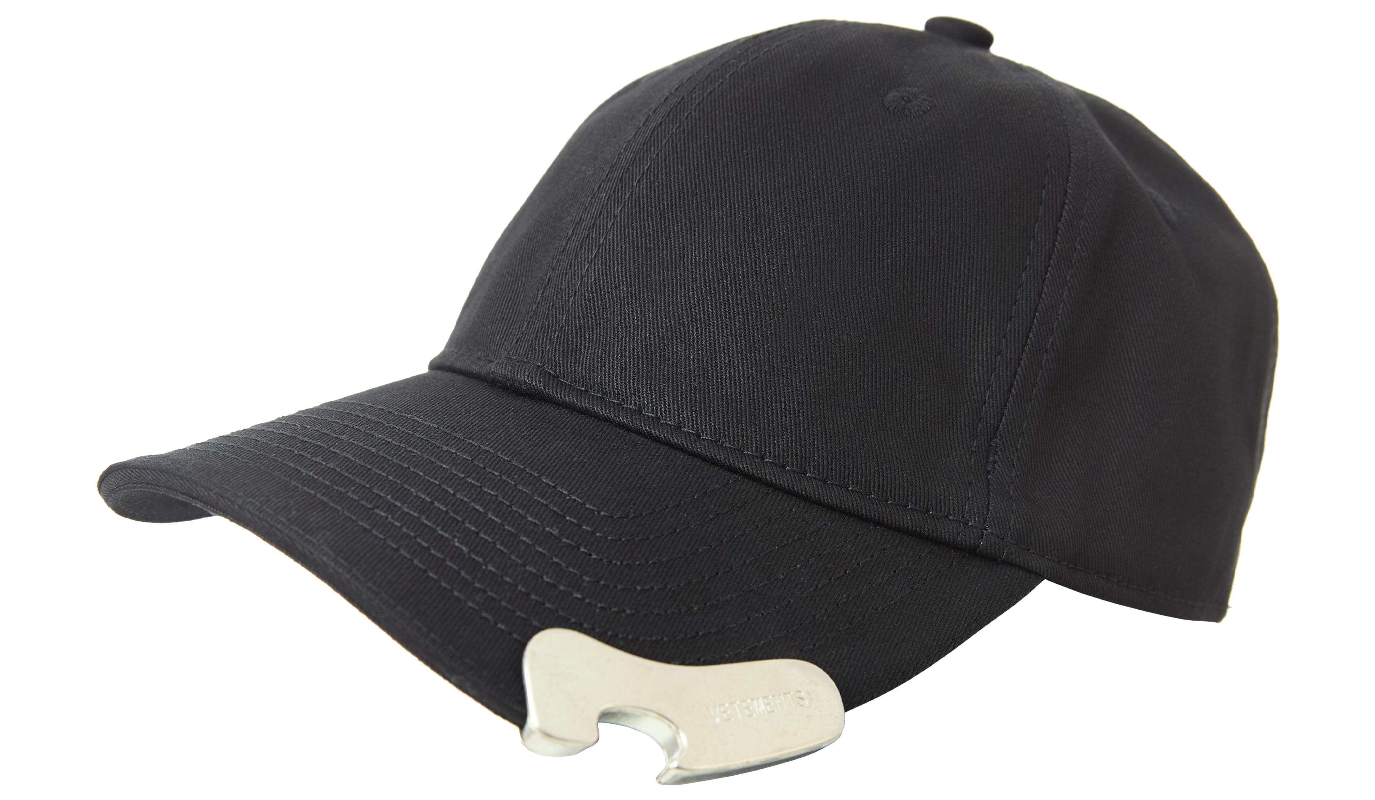 Buy VETEMENTS men black cap with a bottle opener for $470