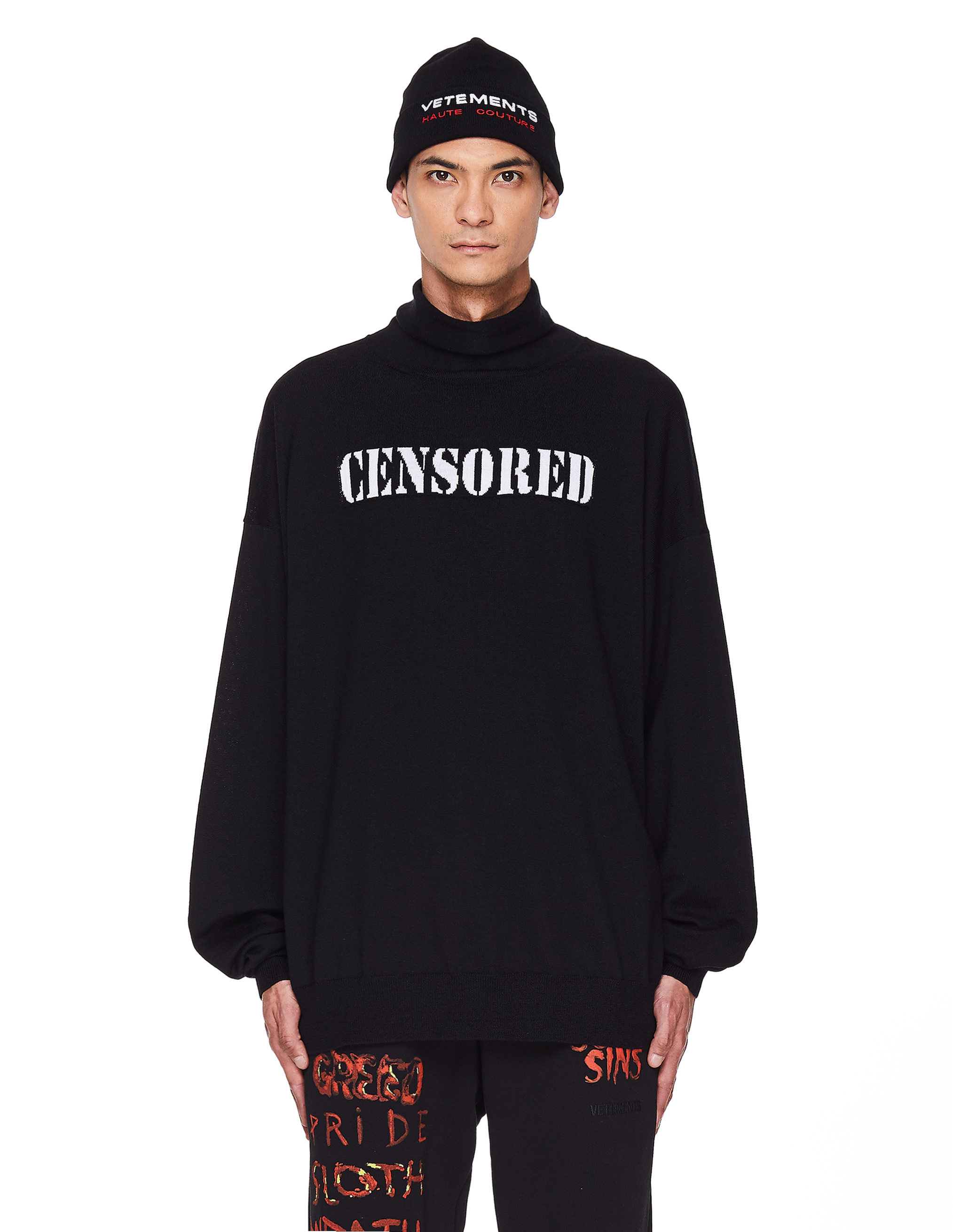 Buy VETEMENTS men black censored wool turtleneck for $889 online