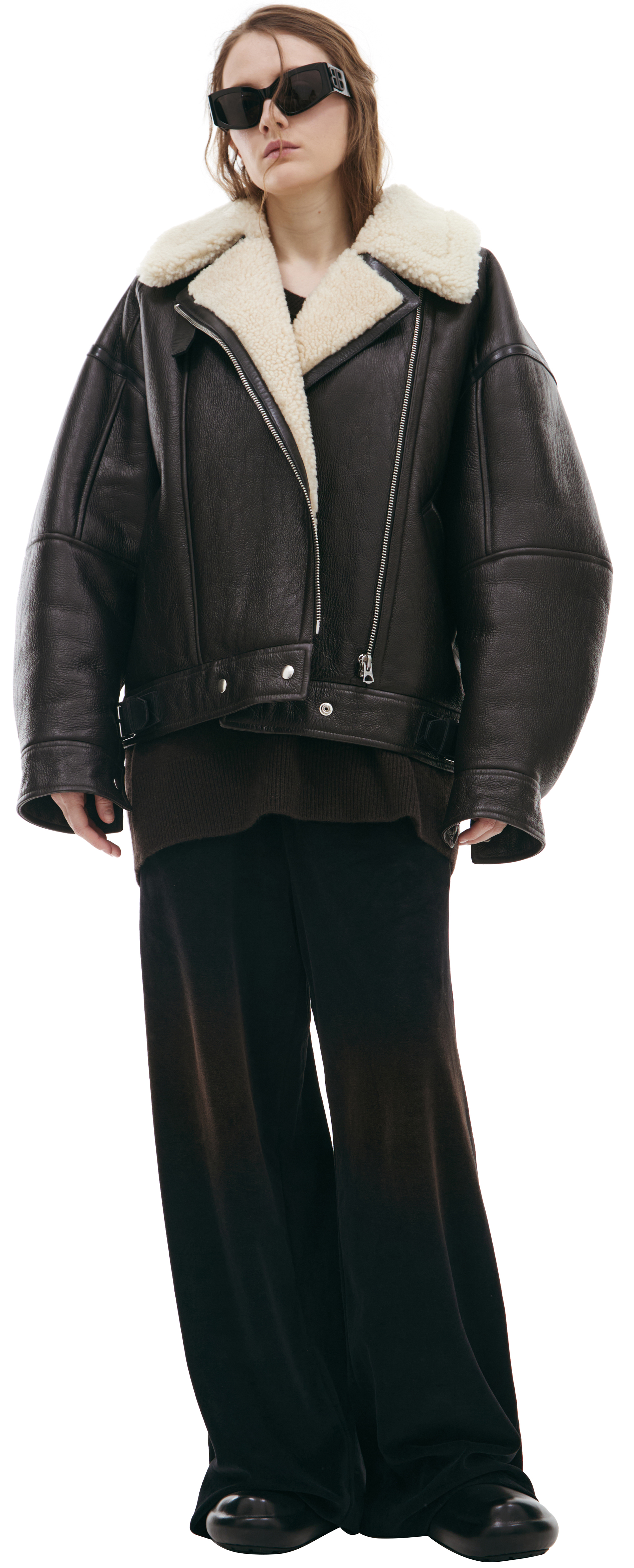 Buy Acne Studios women dark brown sheepskin aviator with wool for