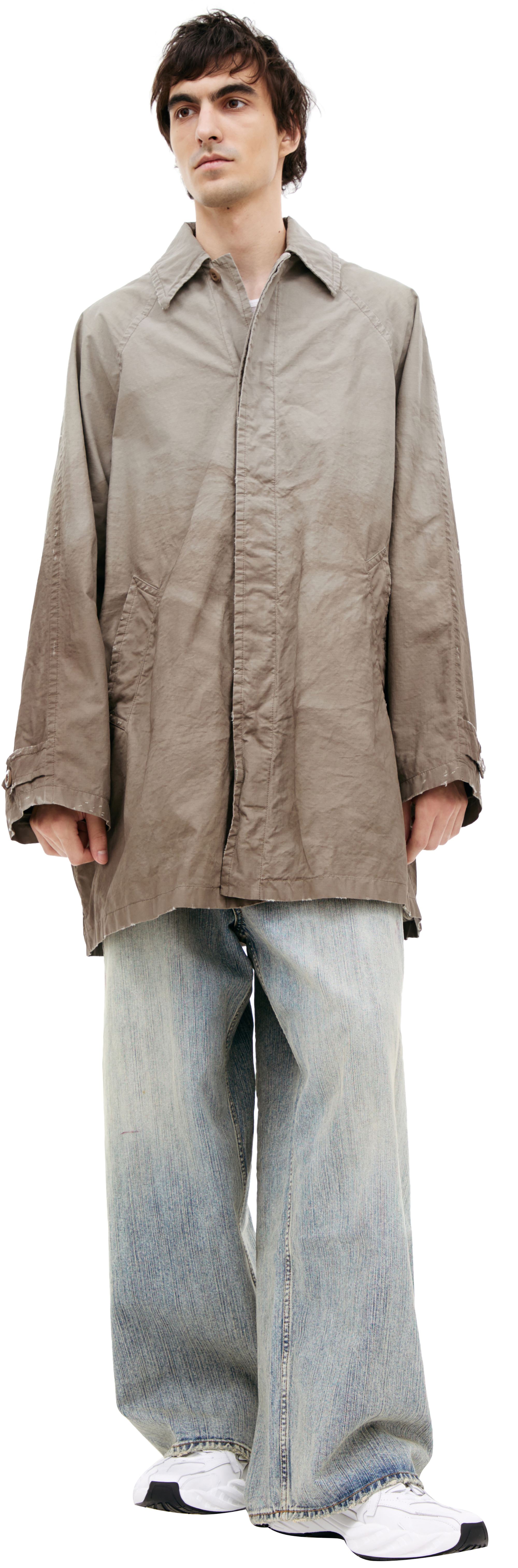 Buy Balenciaga men grey beige oversized trench coat for $3,345