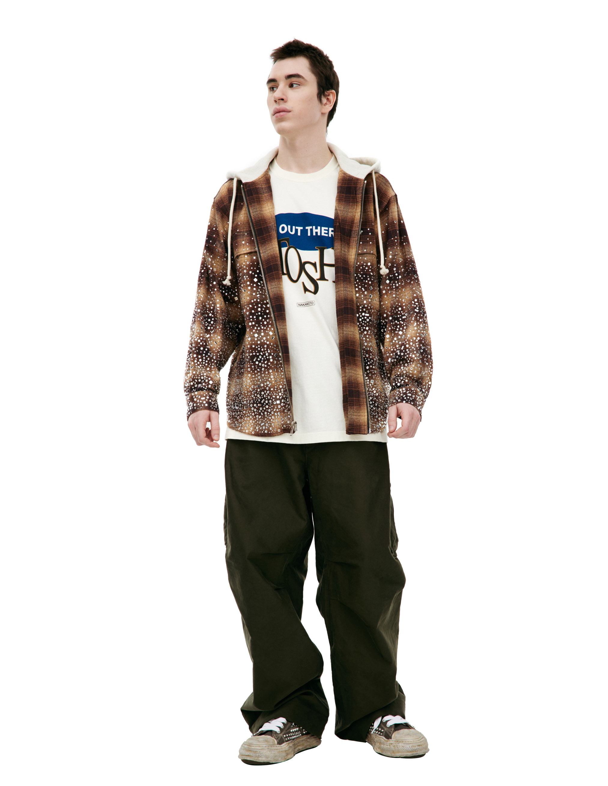Satoshi Nakamoto Hooded Plaid Shirt In Brown