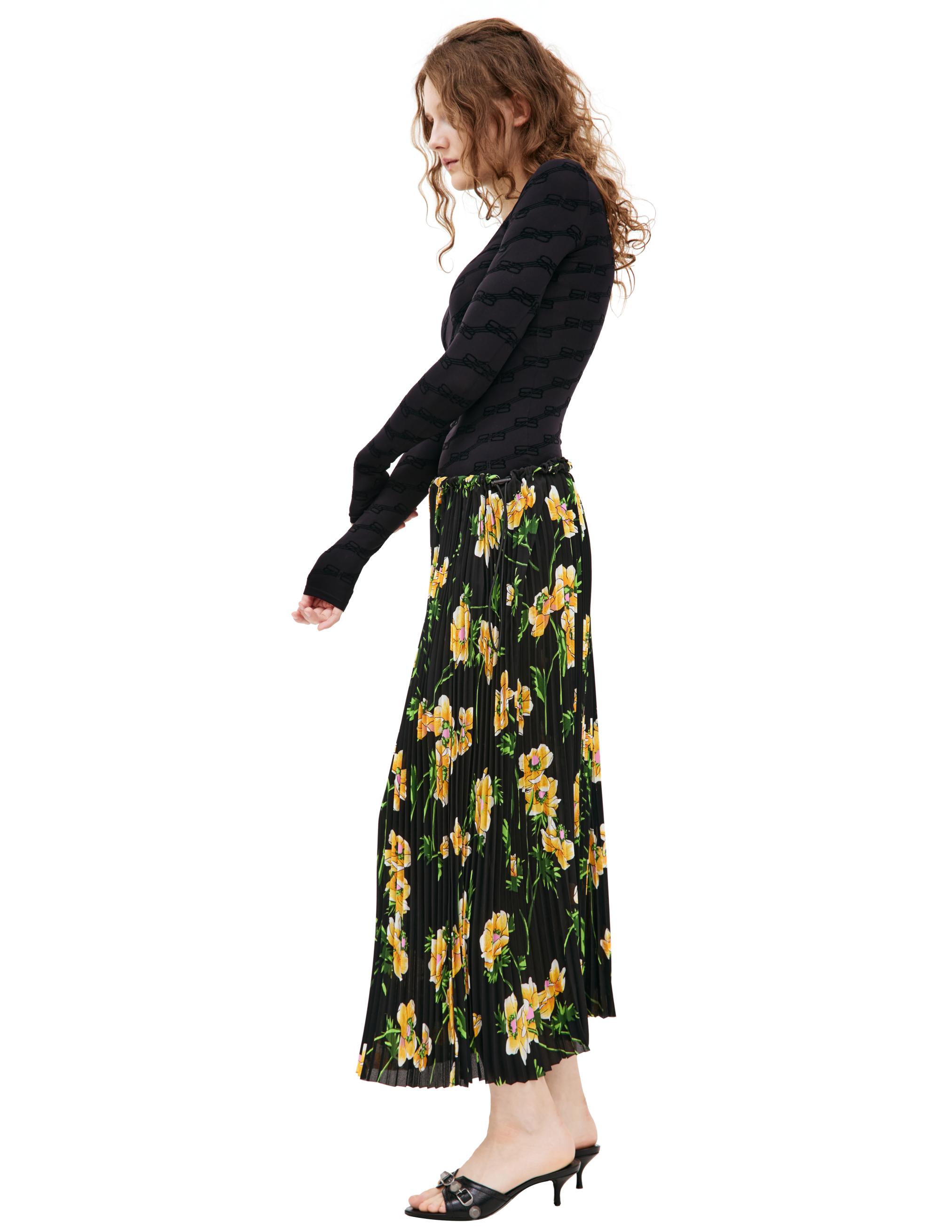 Shop Balenciaga Pleated Midi Skirt With Floral Print In Black