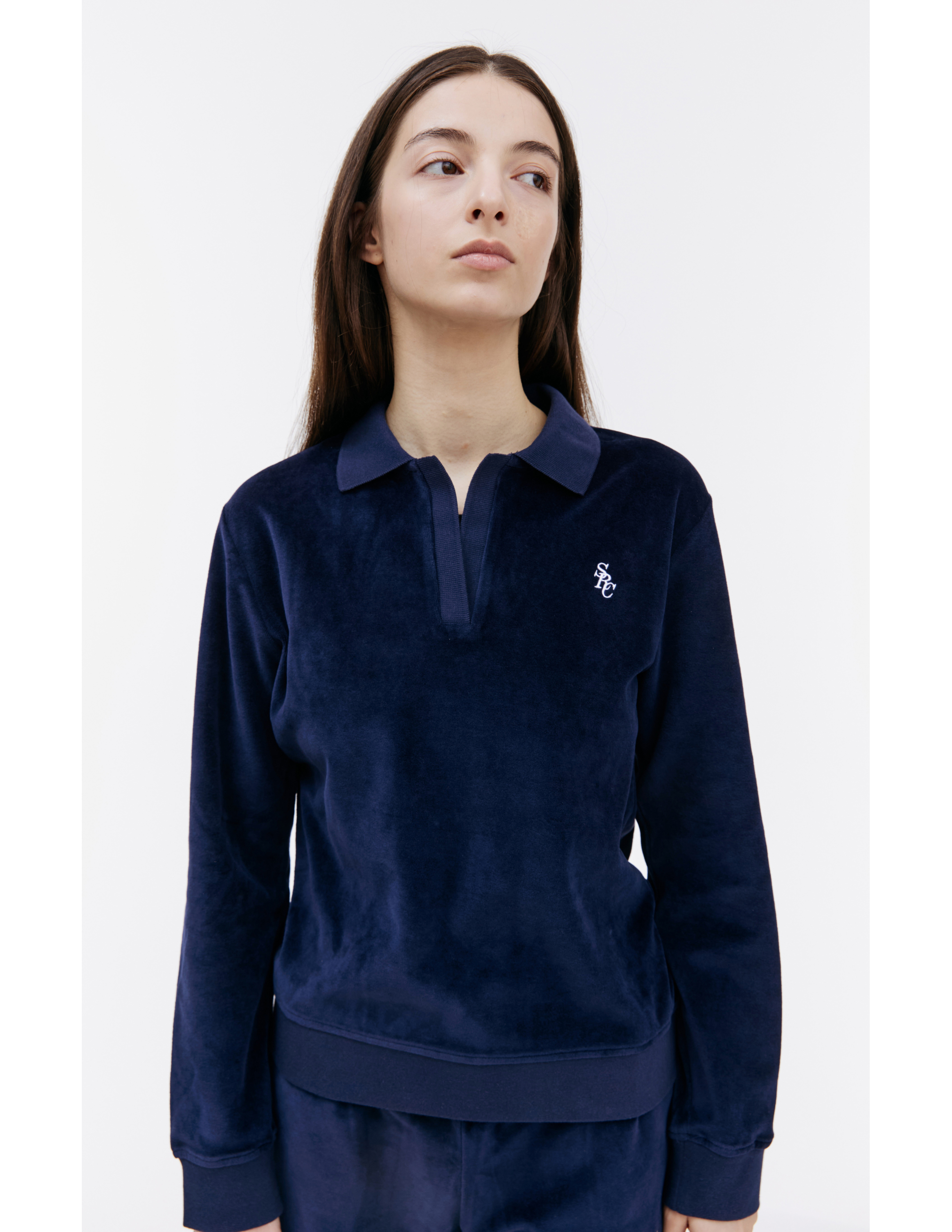 Shop Sporty And Rich Src Velour Longsleeve Polo In Navy Blue