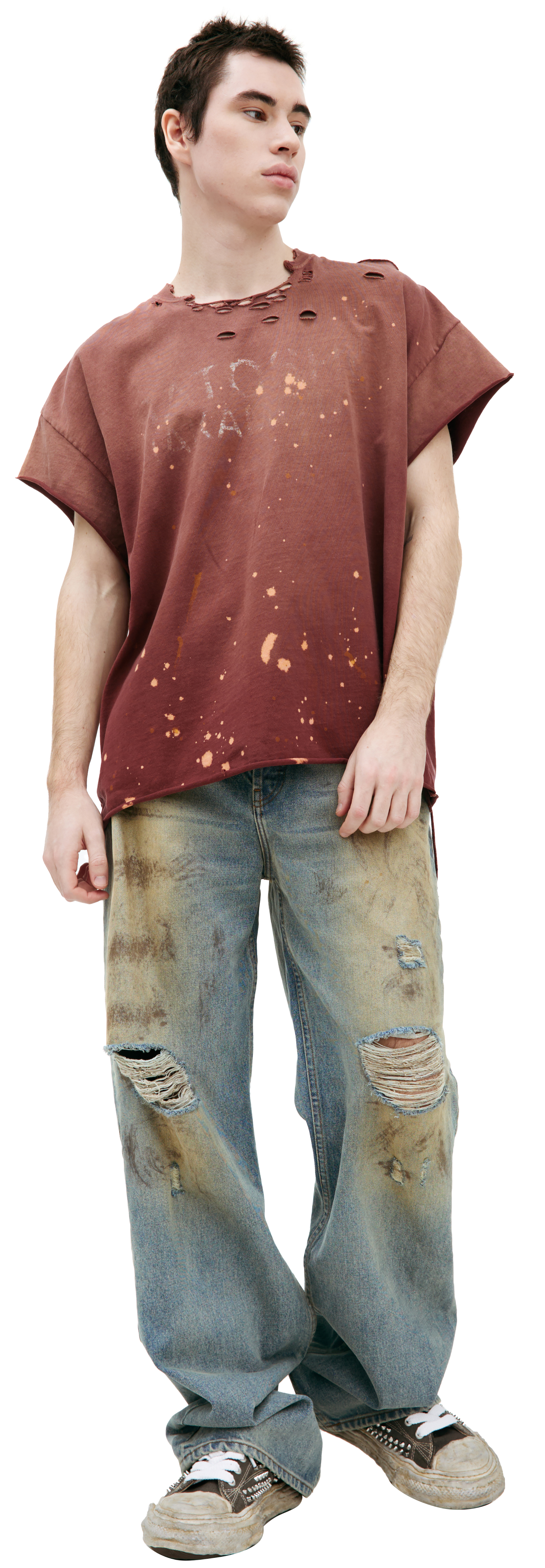 Buy Satoshi Nakamoto men burgundy paint effect t-shirt for