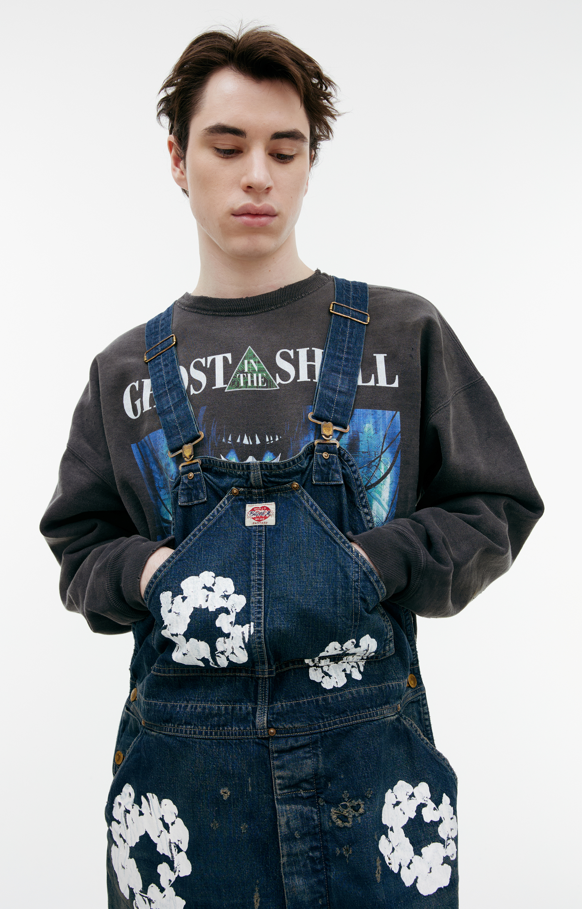 Buy Saint Mxxxxxx men navy blue denim jumpsuit with flowers
