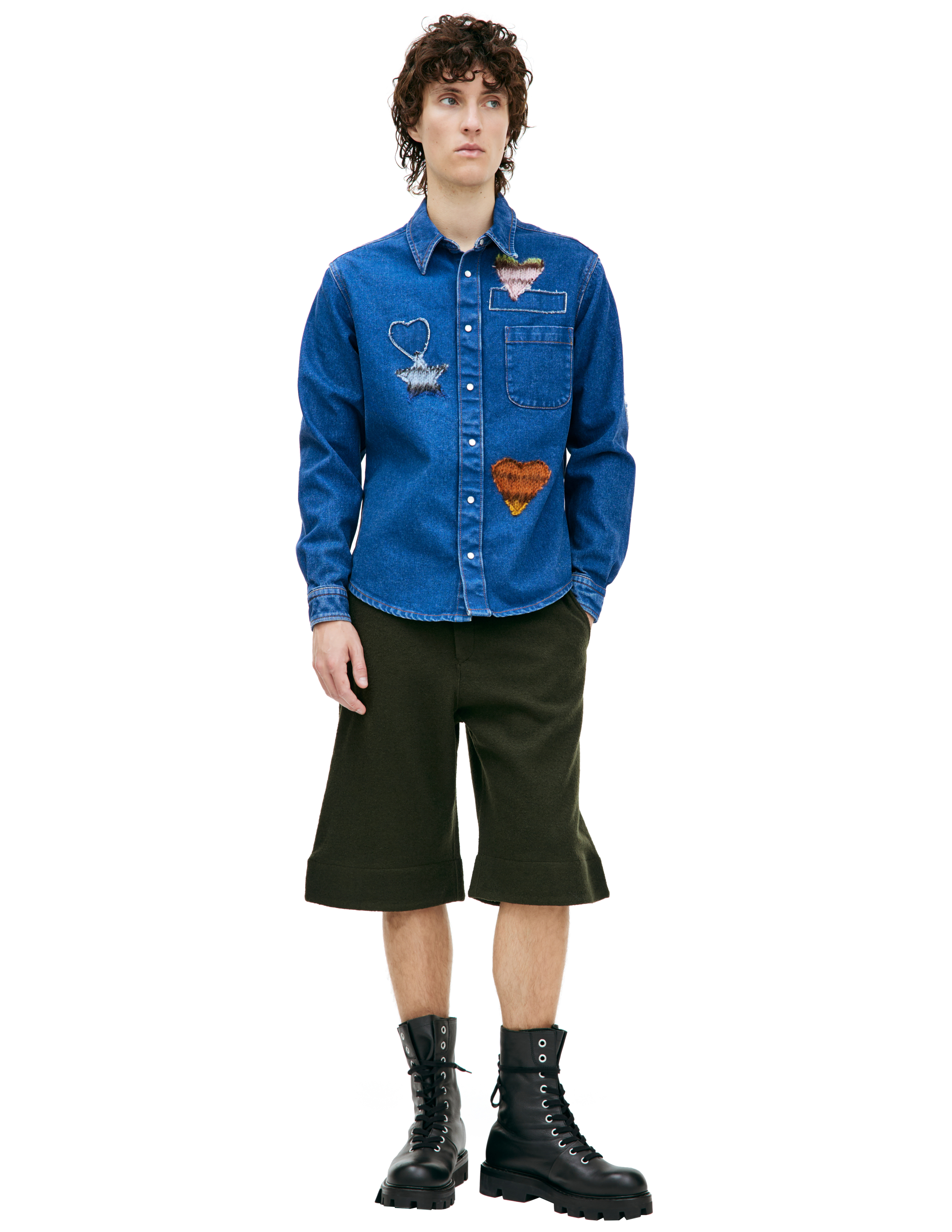 Shop Marni Denim Shirt With Patches In Blue