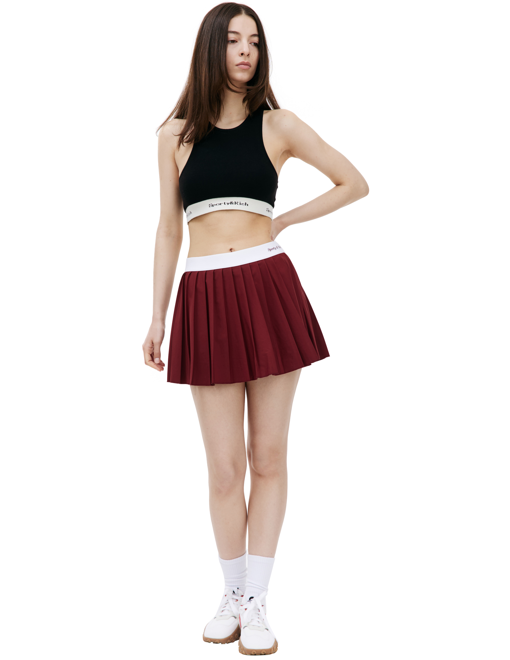 Shop Sporty And Rich Logo Pleated Skirt In Burgundy