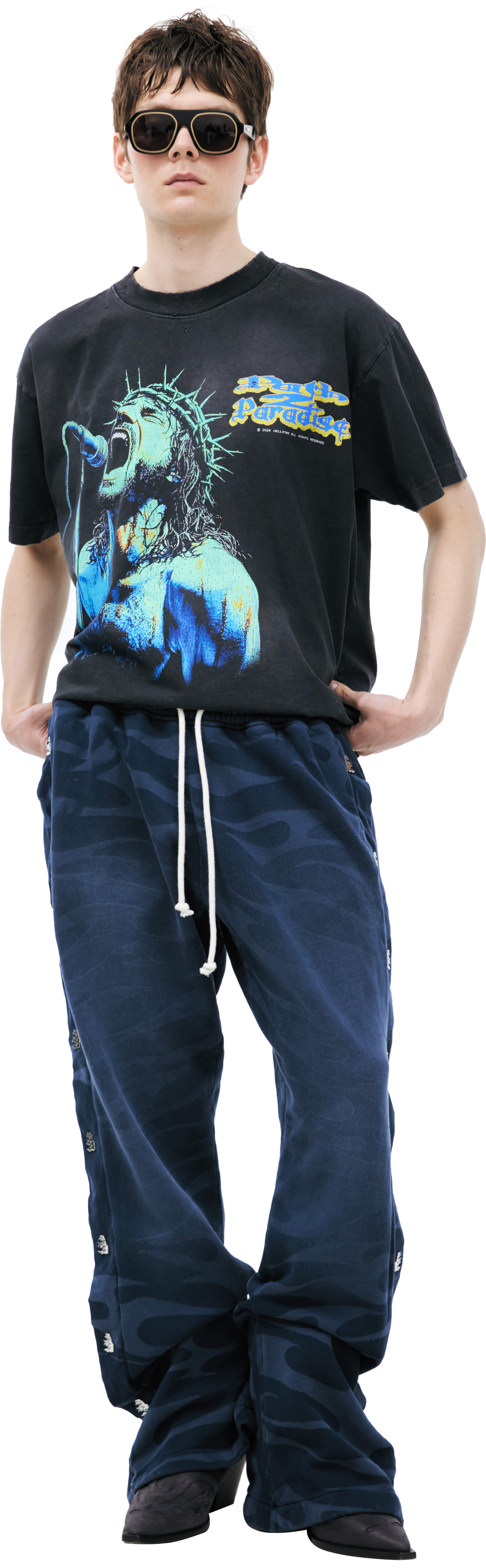 Buy Hellstar men blue trousers with a logo on the stripes for $540