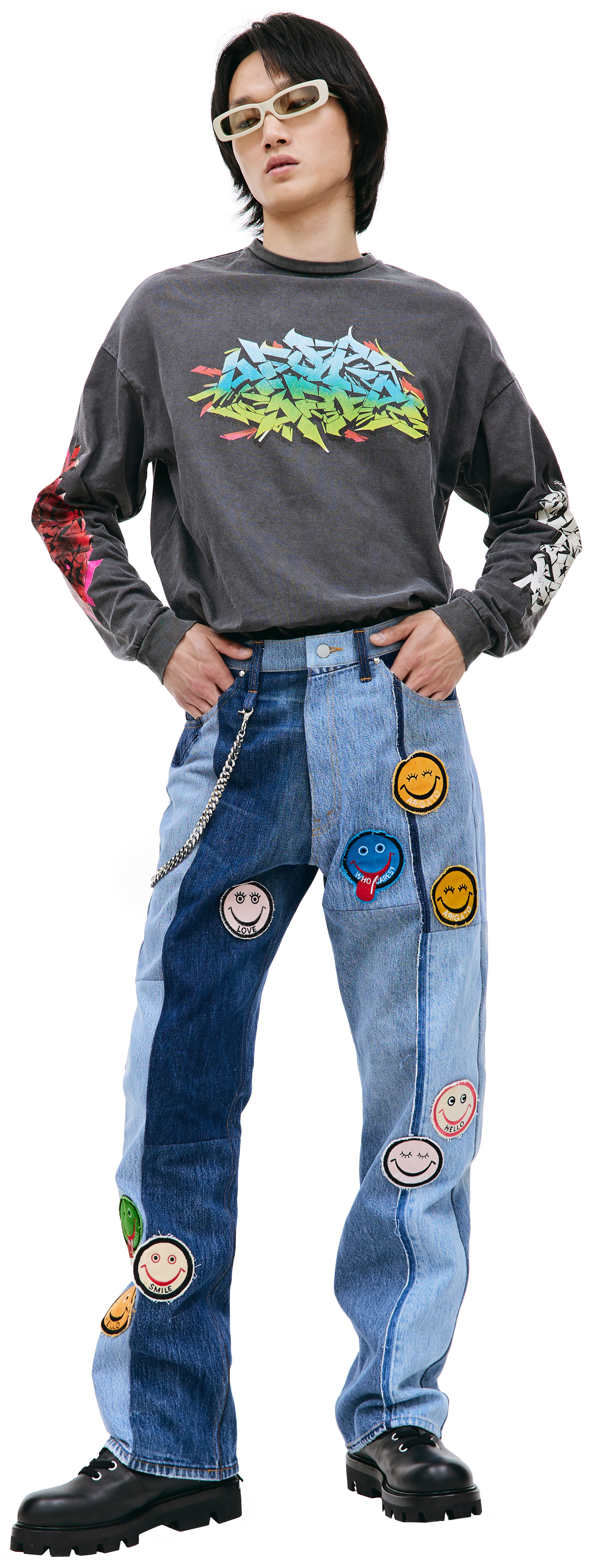 Buy Children of the discordance men blue patched jeans for $1,593