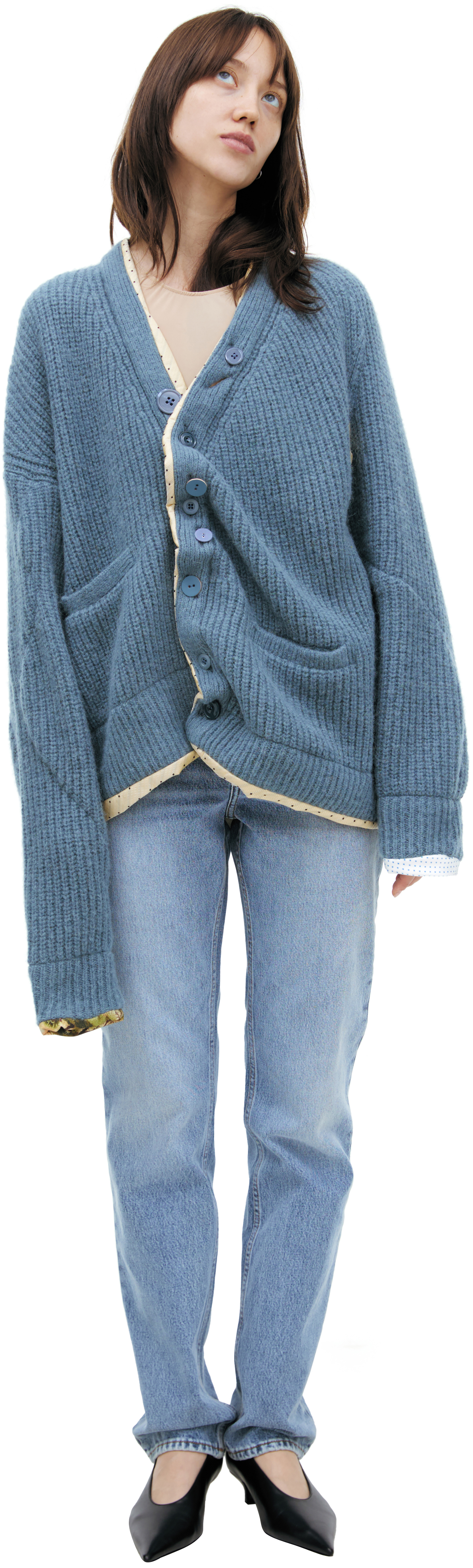 Buy Undercover women blue cardigan with slanted seams for $943