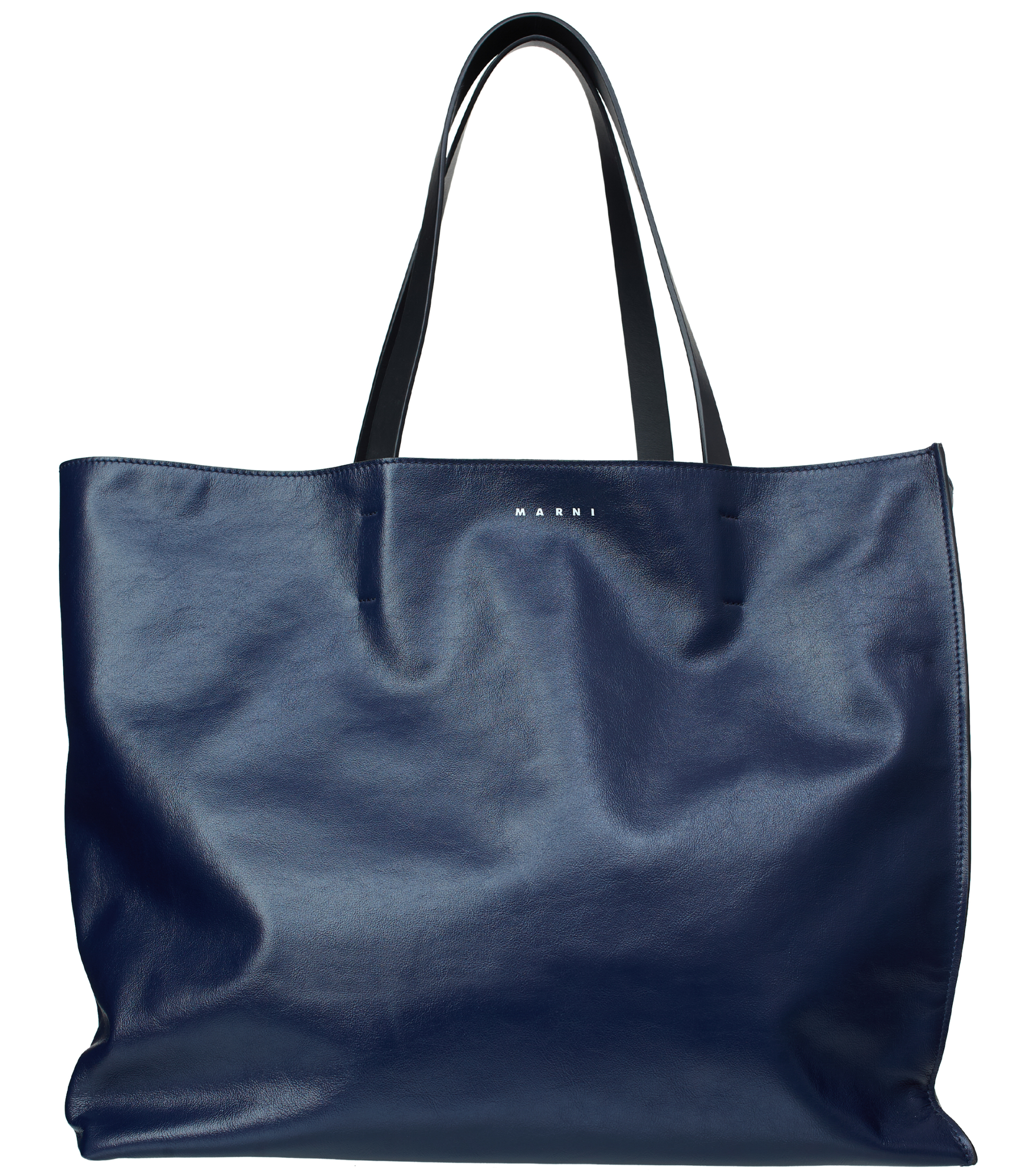 Shop Marni Leather Tote Bag In Navy Blue