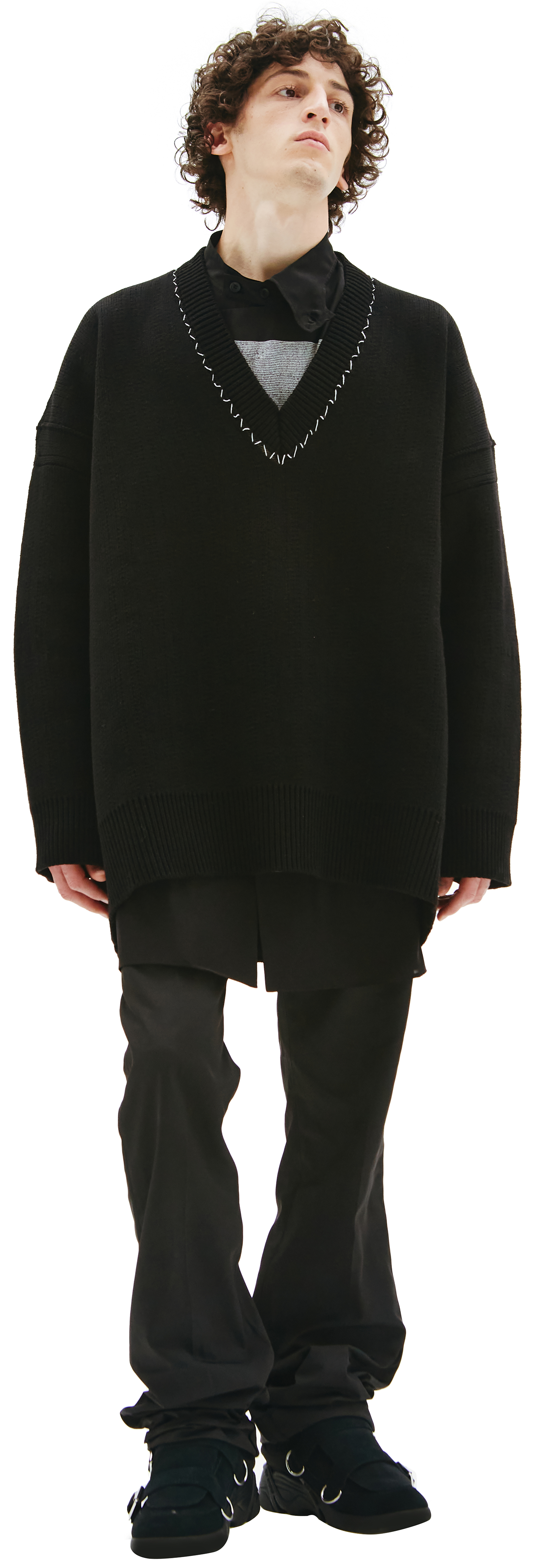 Buy Raf Simons men black v-neck oversize sweater for $2,820 online