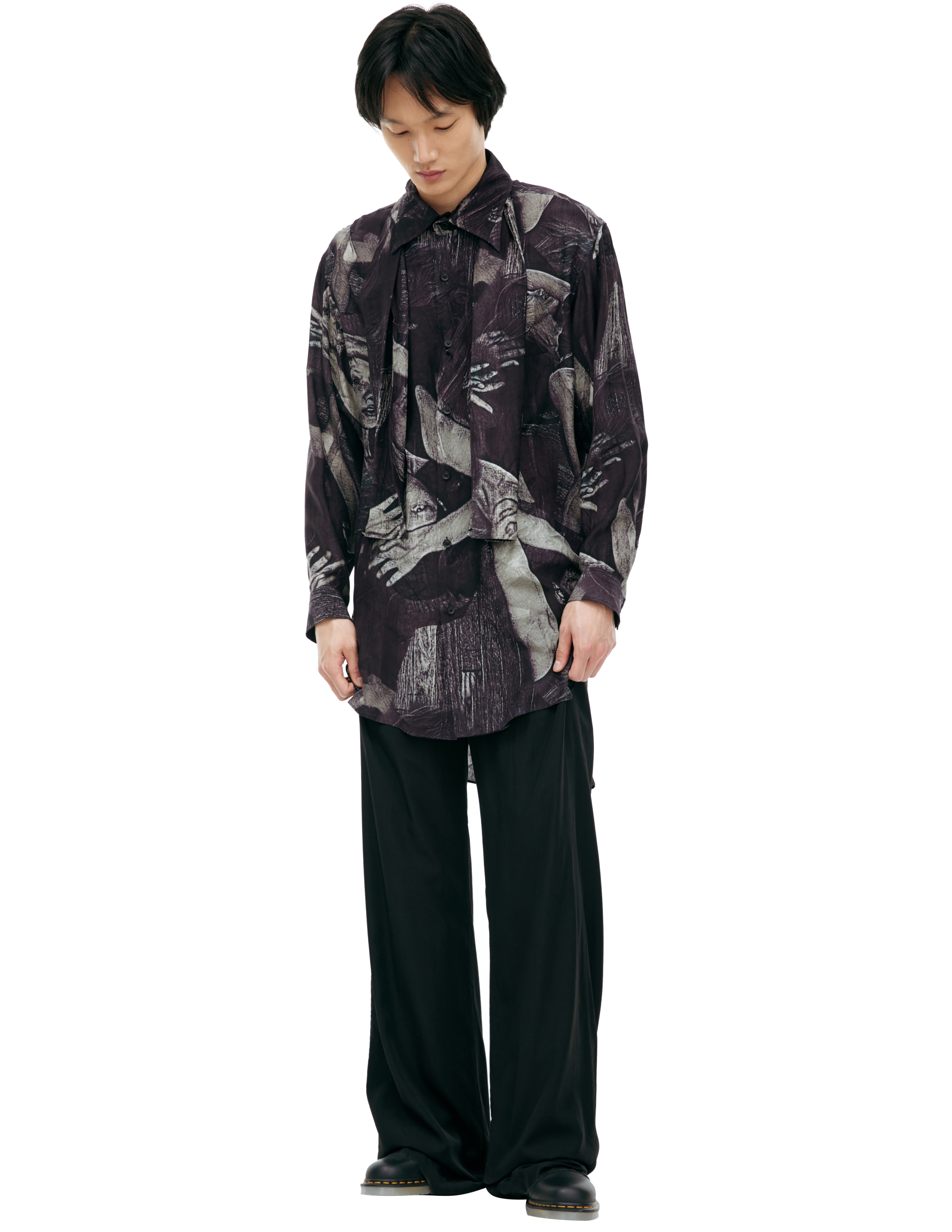 Shop Yohji Yamamoto Monoprint Silk Shirt In Black