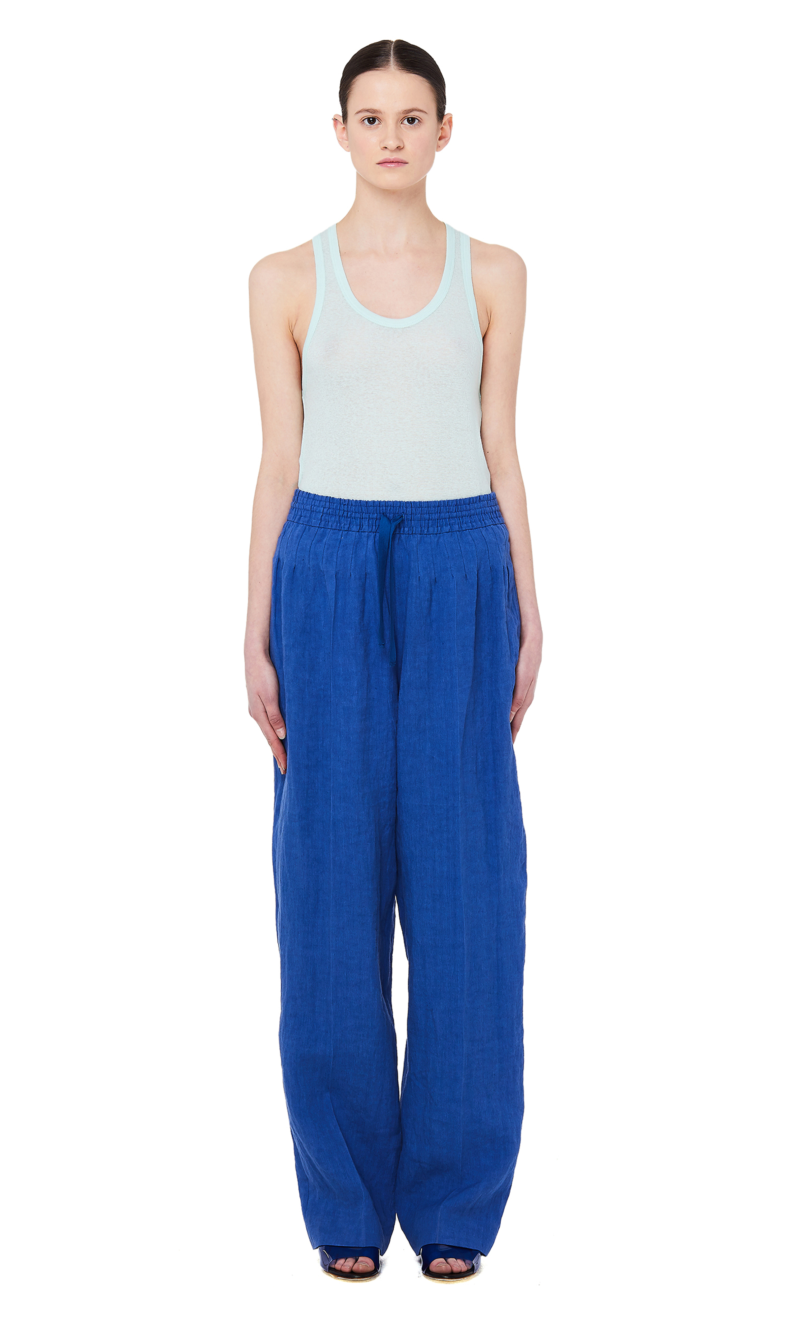 Buy Haider Ackermann women blue cotton & linen trousers for $490