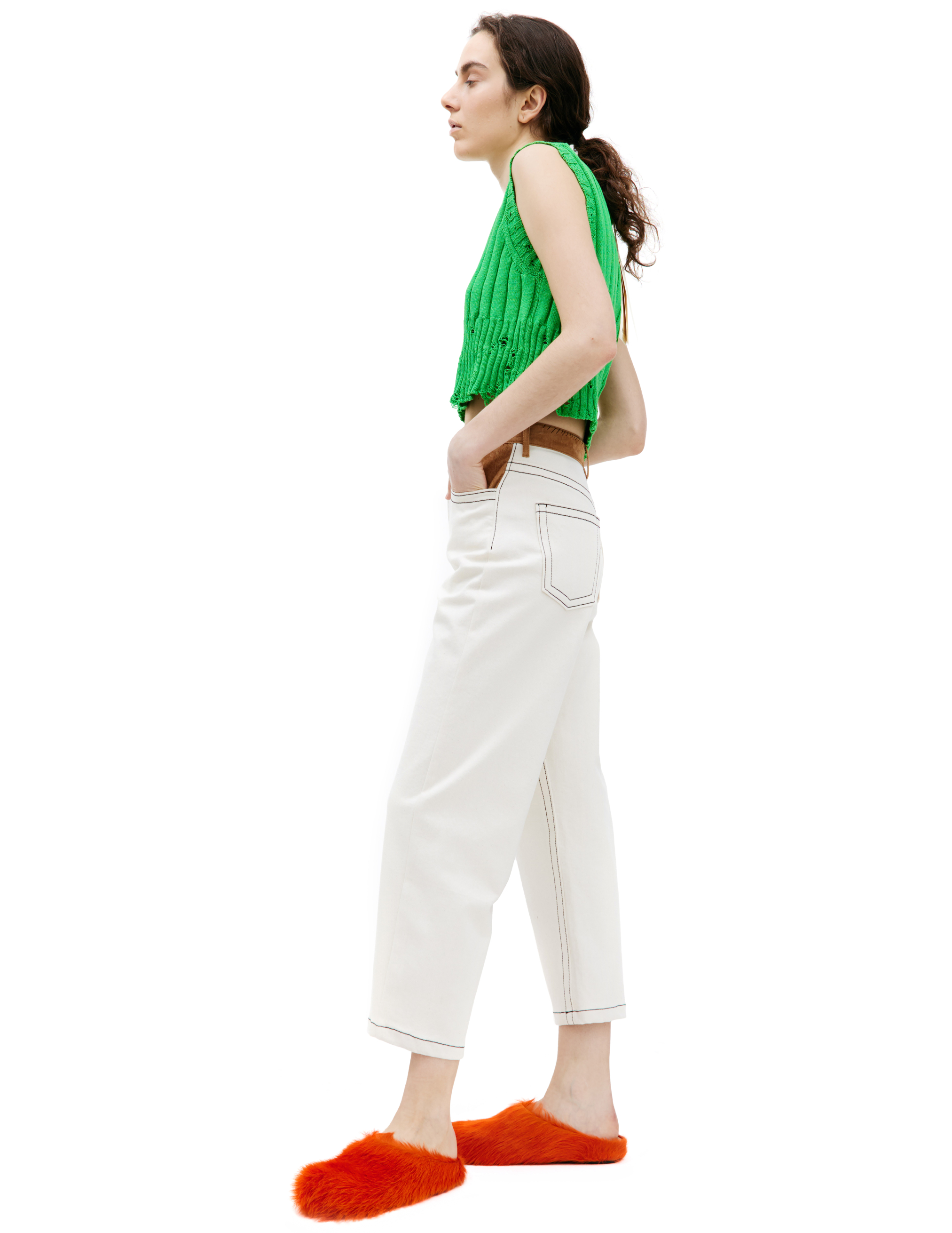 Shop Marni Straight Trousers With Contrast Waistband In Beige