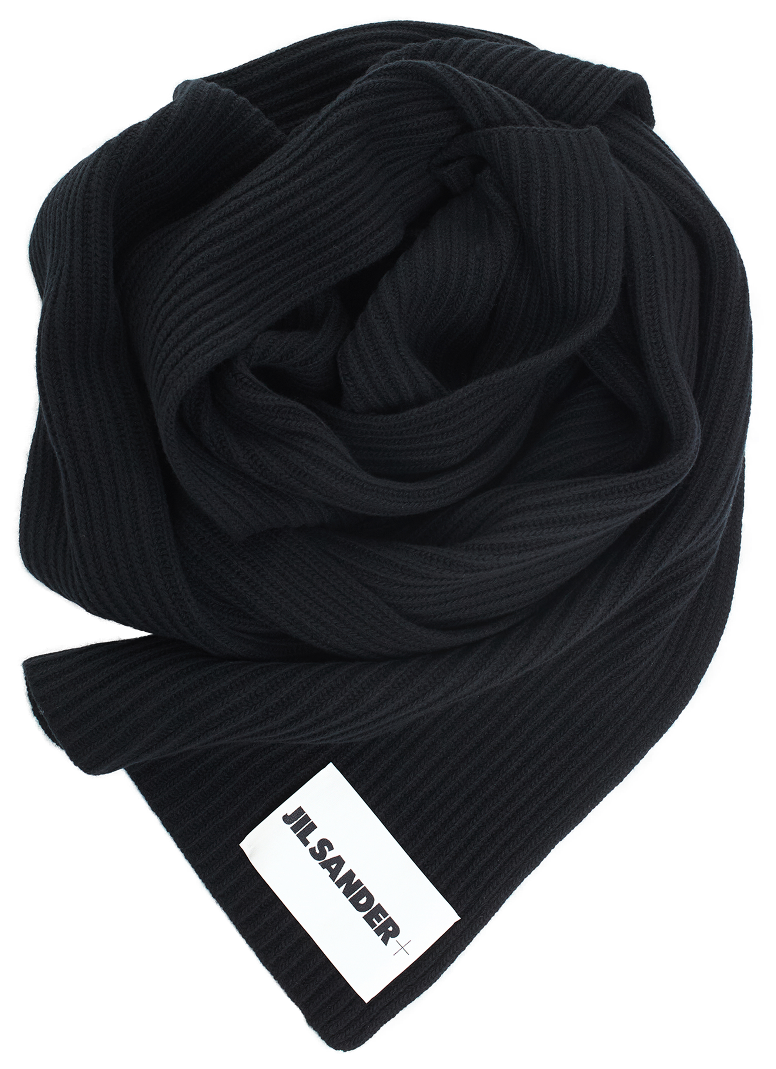 JIL SANDER｜MUFFLERS (Wool Scarf (J47ZZ0125 J14737 001)) Buy Jil Sander men black wool scarf with patch for $610