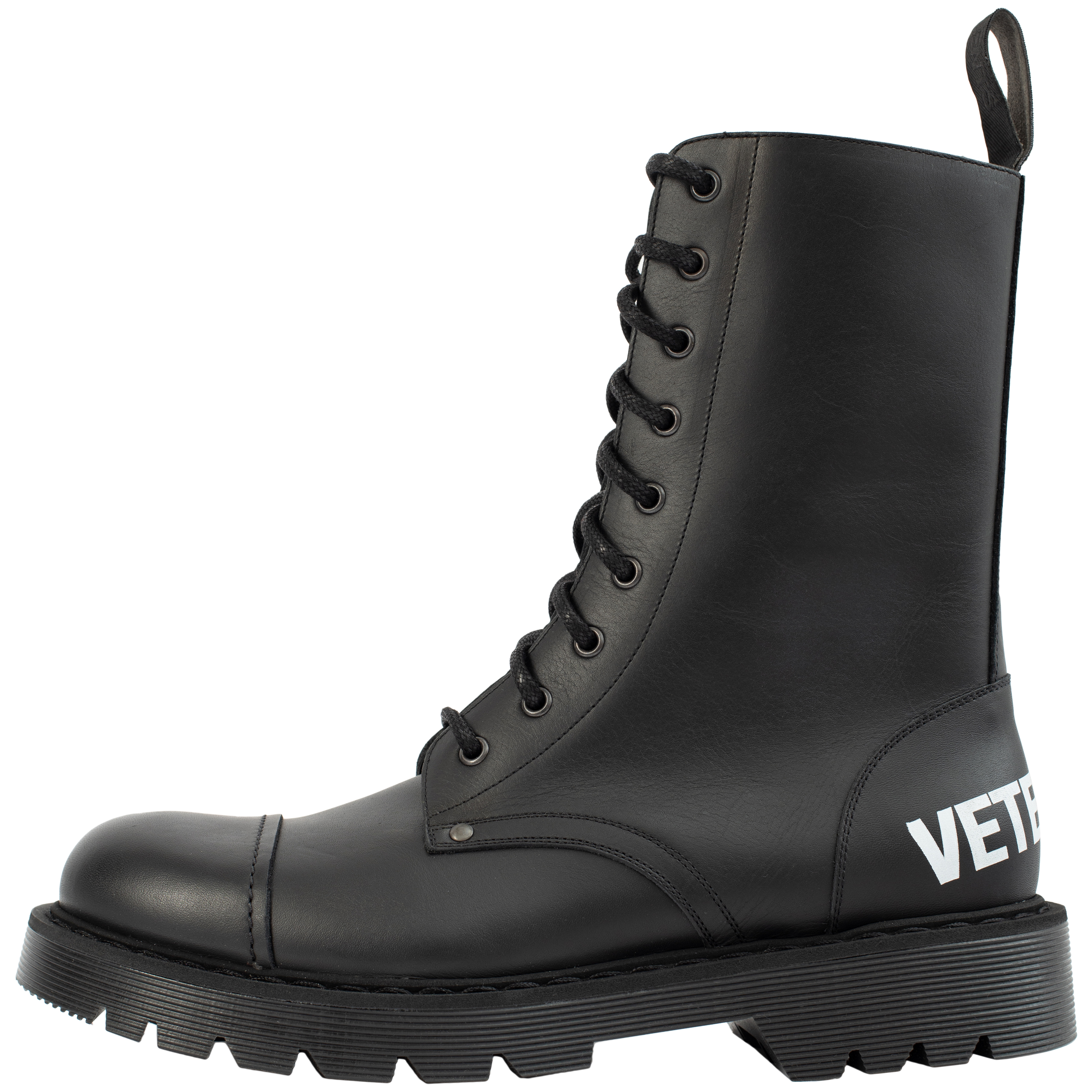 Buy VETEMENTS men black lace-up logo military boots for $990