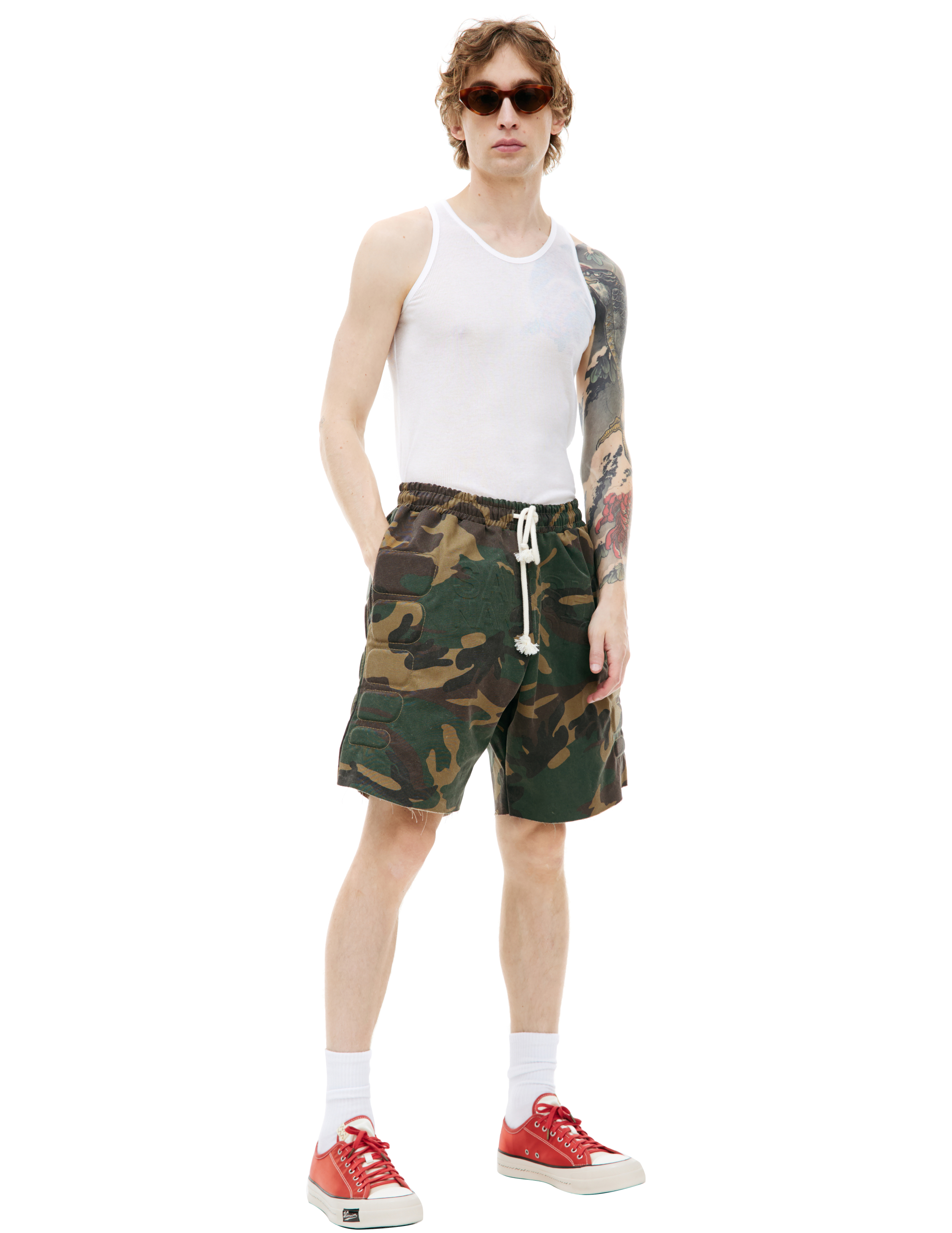 Shop Satoshi Nakamoto Camo Moto Shorts In Khaki