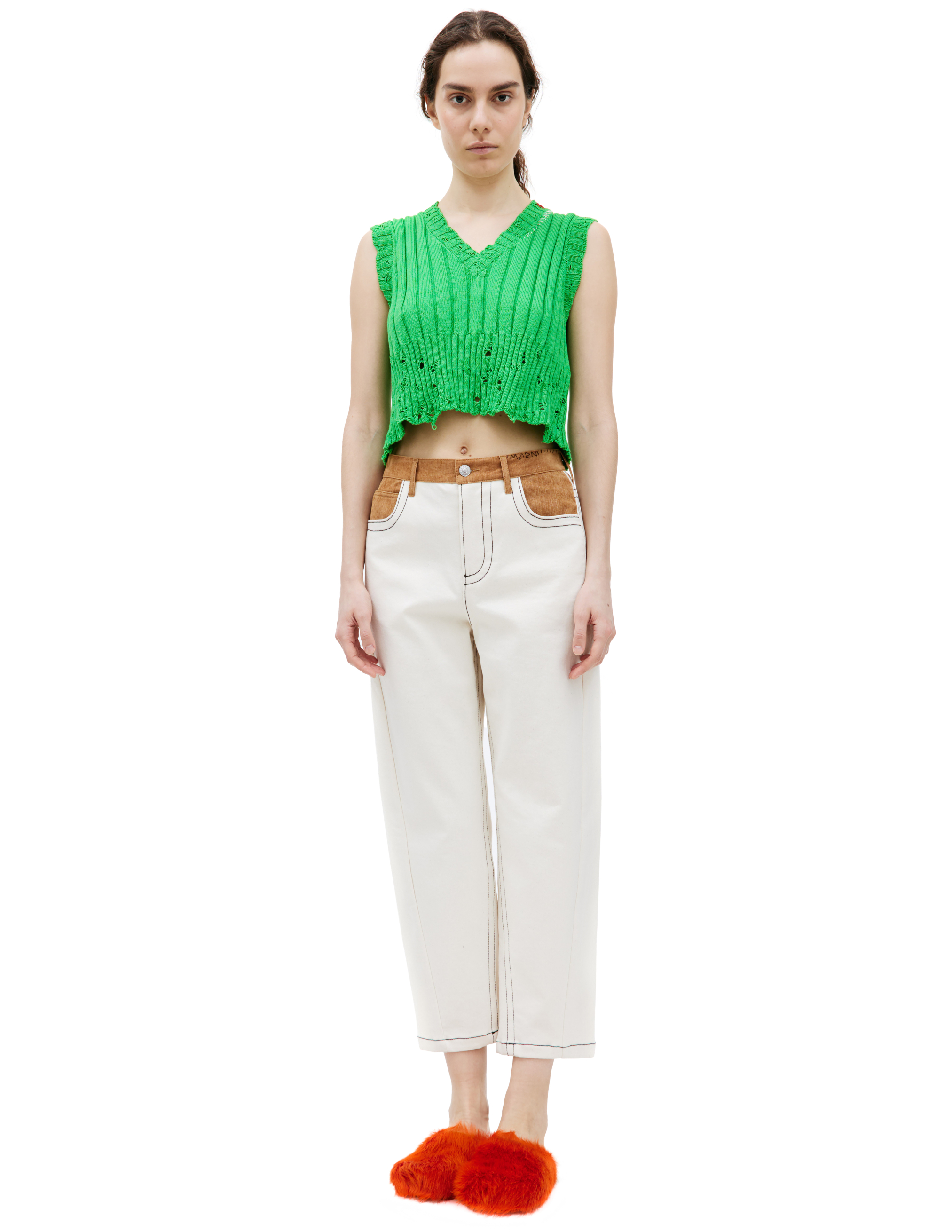 Marni Straight Trousers With Contrast Waistband In Beige
