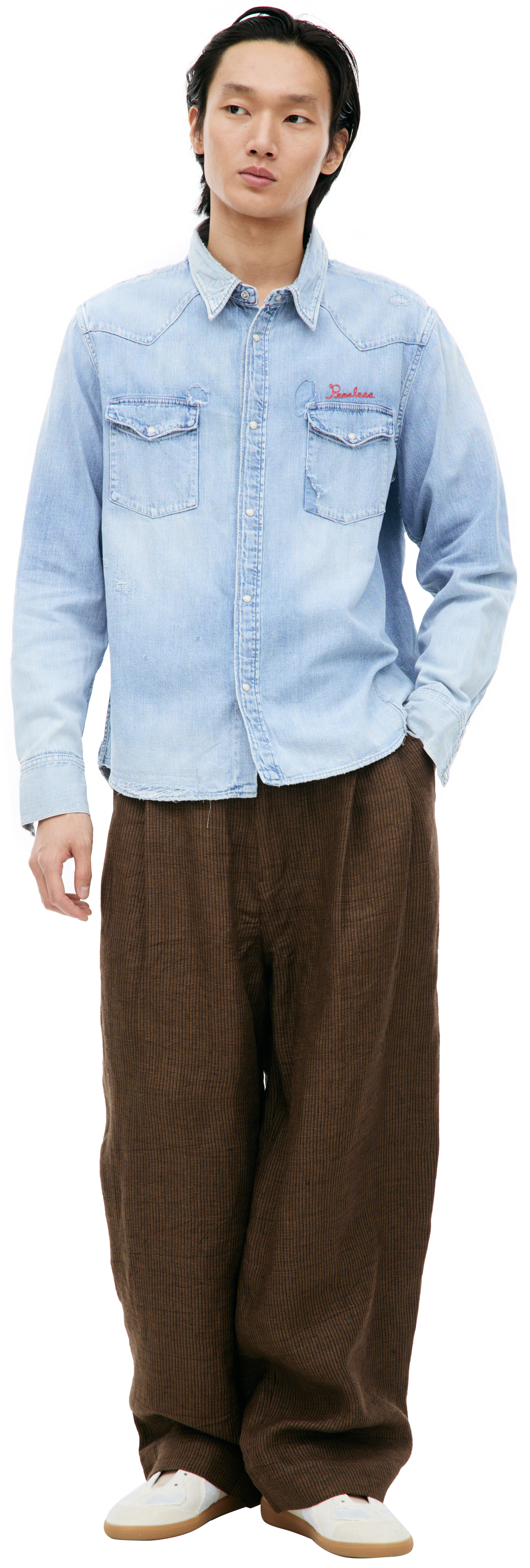 Buy visvim men blue logo denim shirt for $2,280 online on
