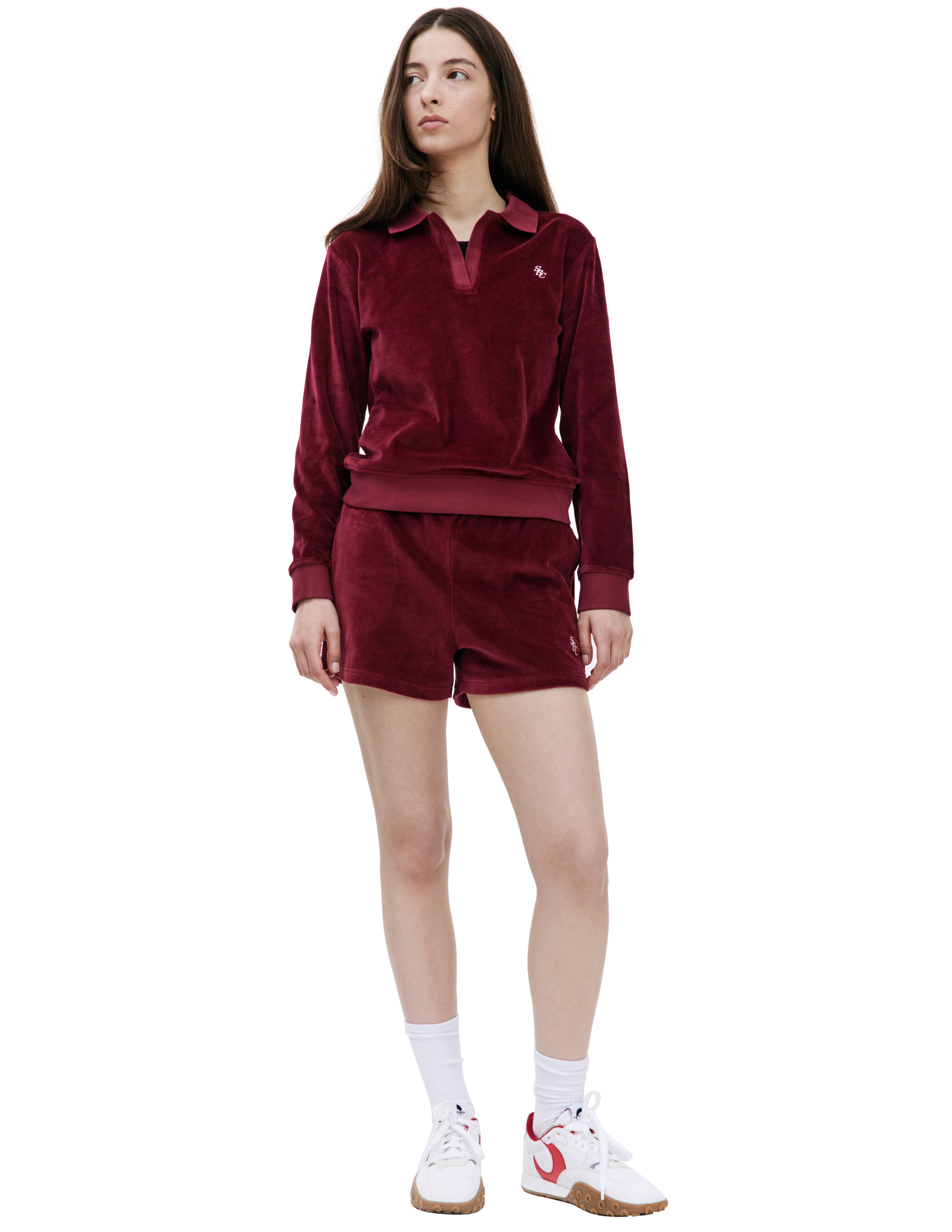 Shop Sporty And Rich Src Velour Longsleeve Polo In Burgundy