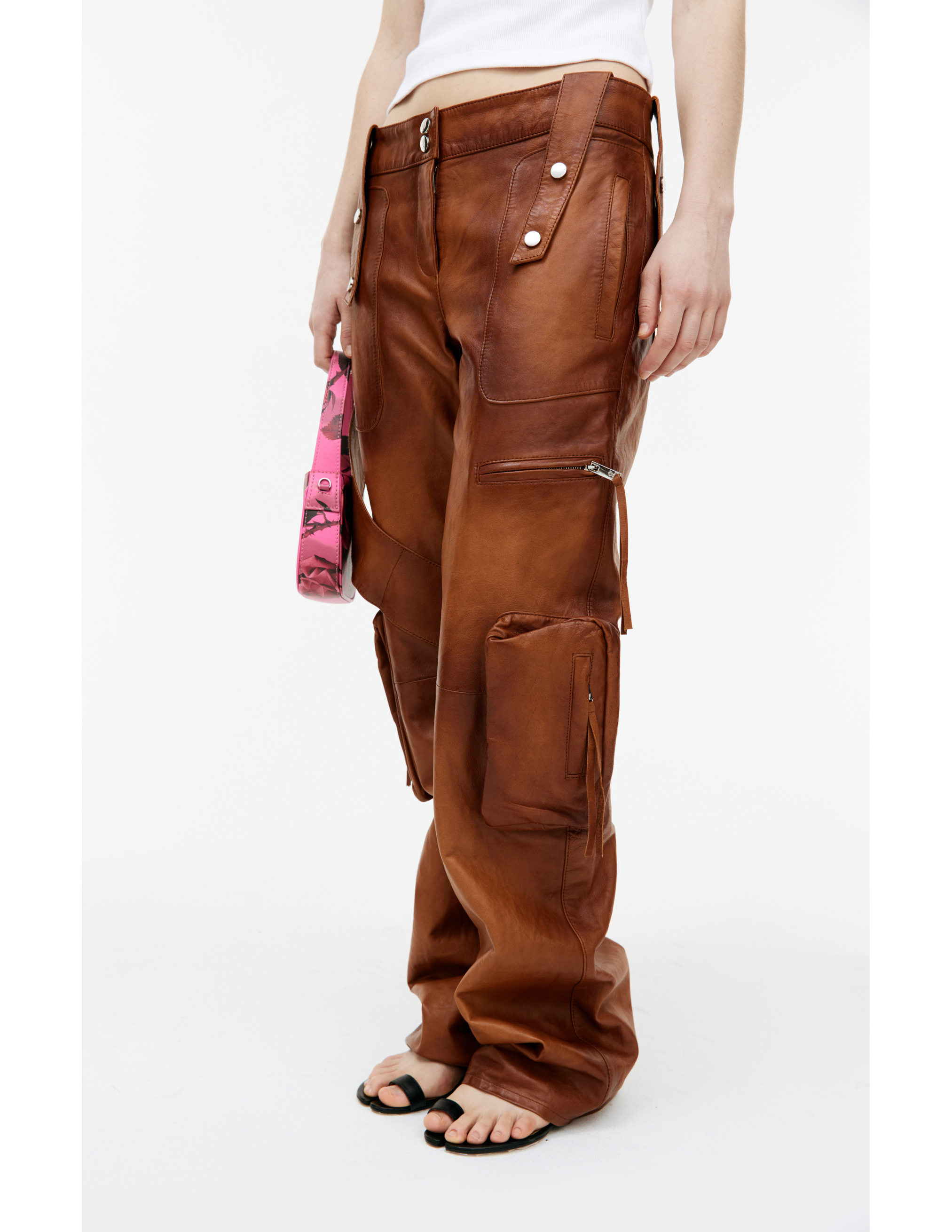 Shop Blumarine Brown Leather Cargo Trousers