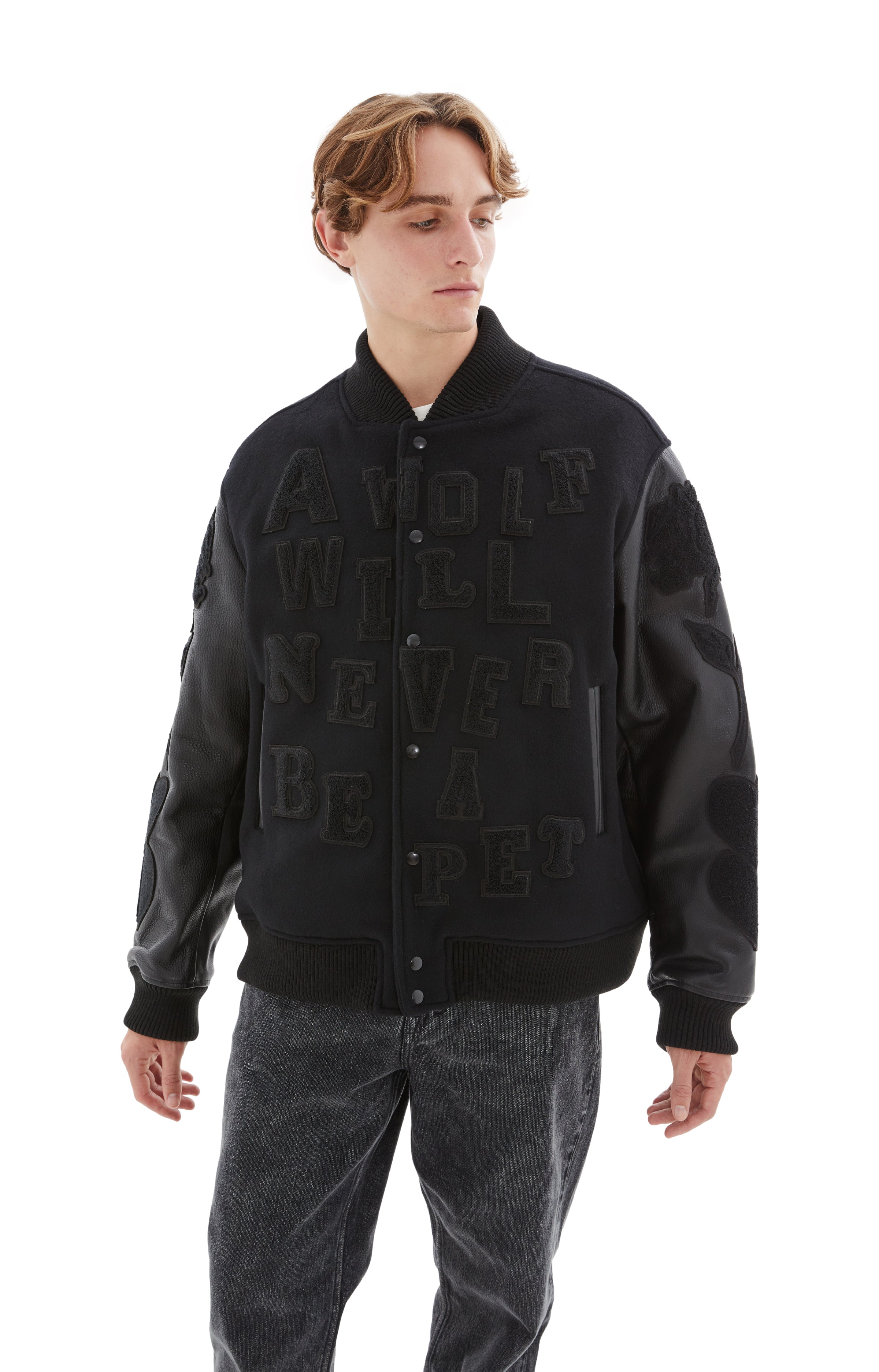 Buy Undercover men all black balance/chaos varsity jacket for