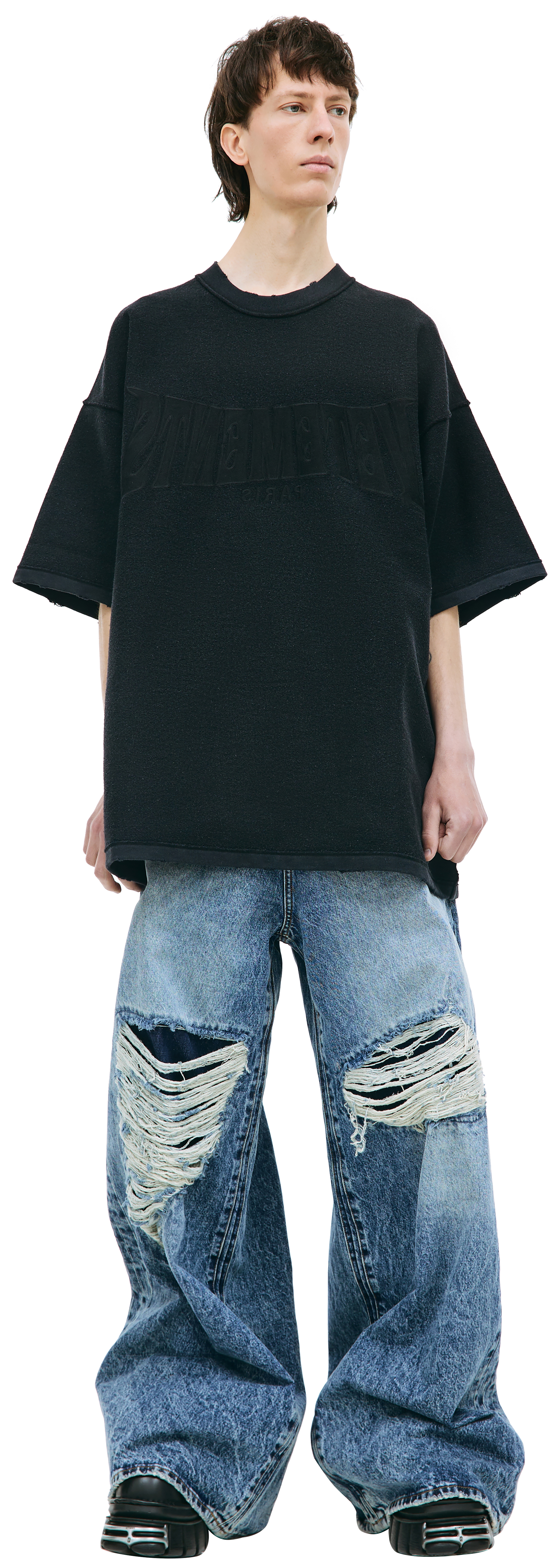 Buy VETEMENTS men black t-shirt inside out for $1,545 online on SV77,  UE54TR460B/1302