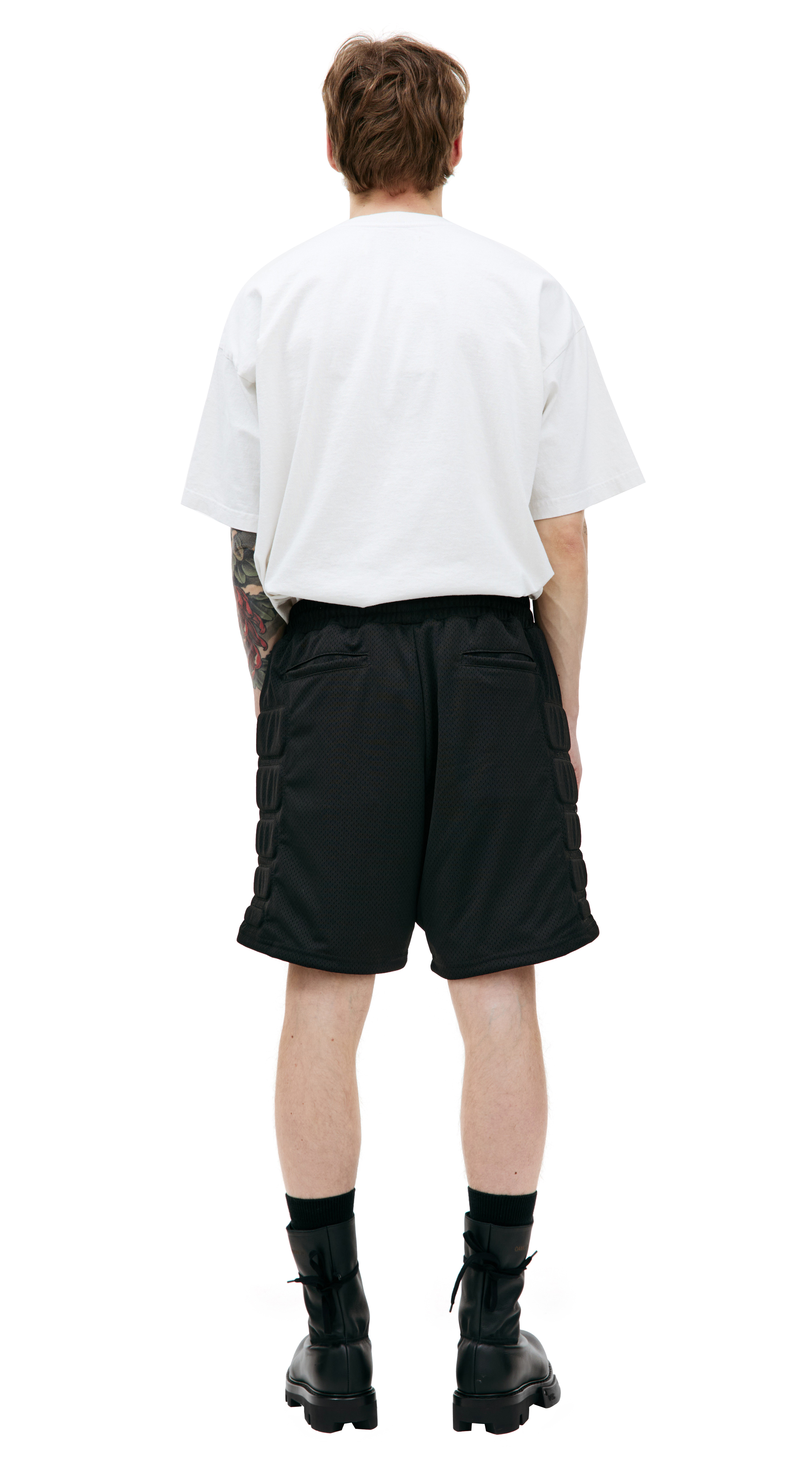 Buy Satoshi Nakamoto men black mesh moto shorts for $705