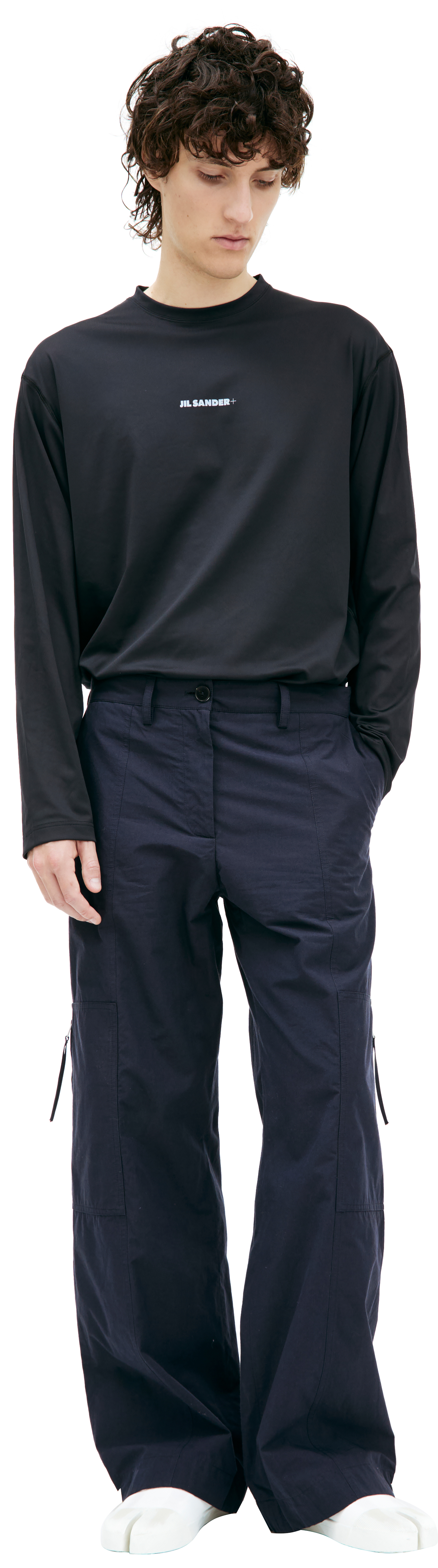 Buy Jil Sander men navy blue cotton cargo trousers for $660