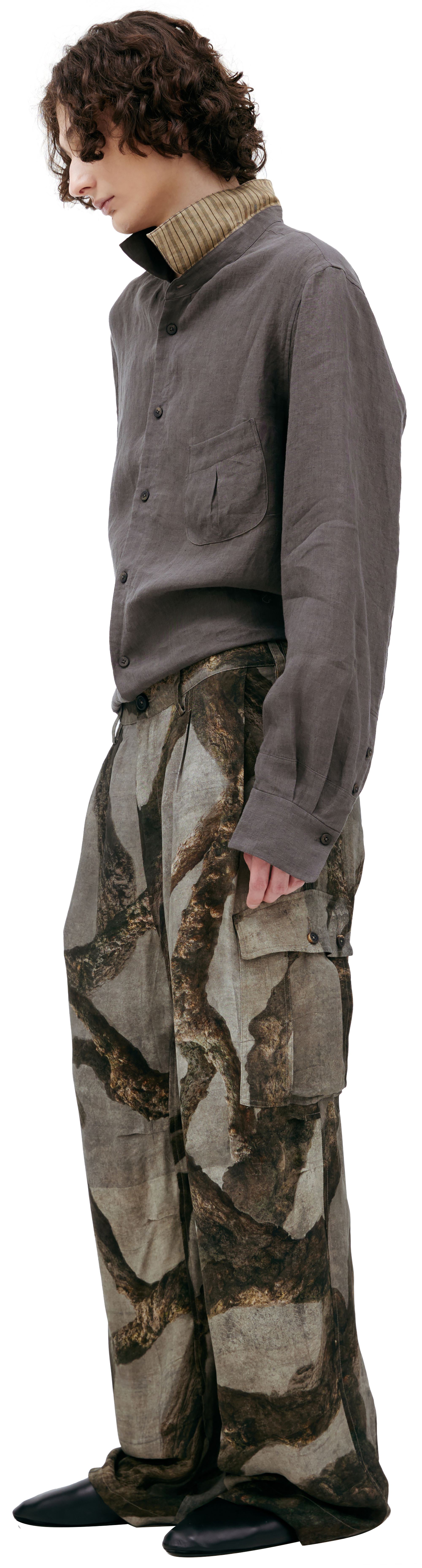 Buy Ziggy Chen men grey wide leg trousers with monoprint for $923