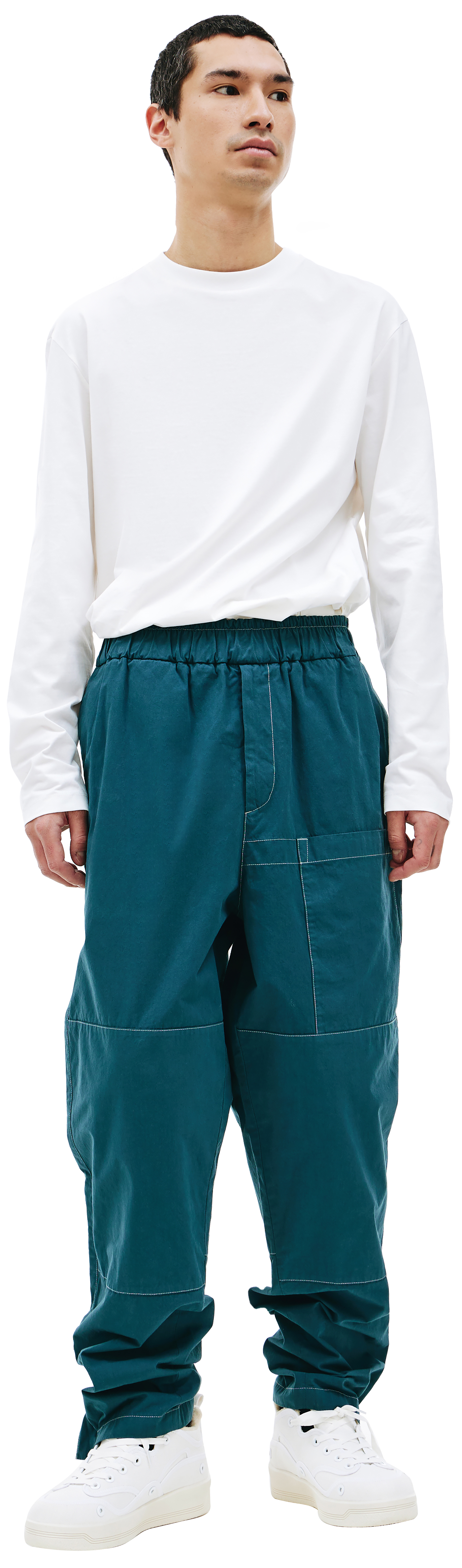 Buy Jil Sander men navy blue pants with contrast seams for $669