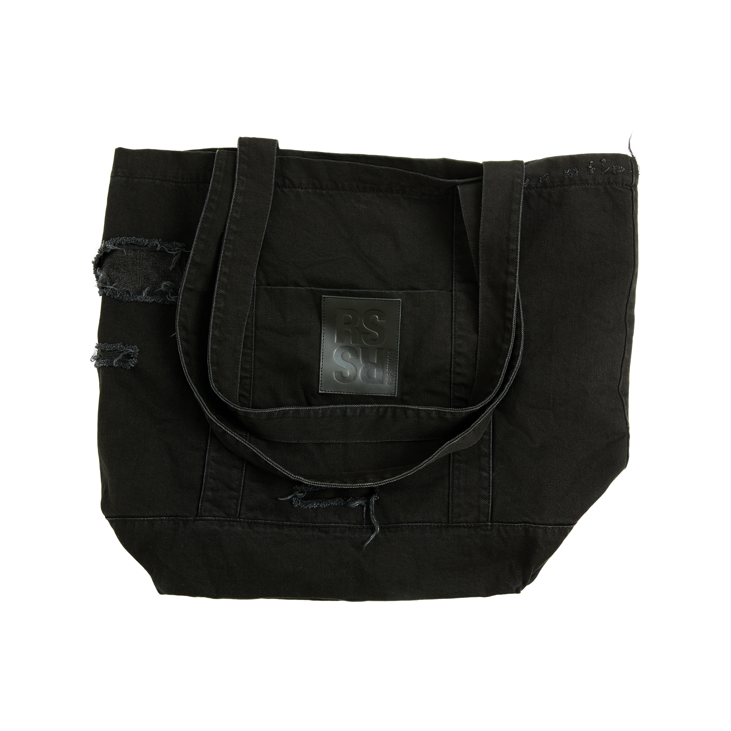 Buy Raf Simons men black ripped logo shopper bag for $644 online