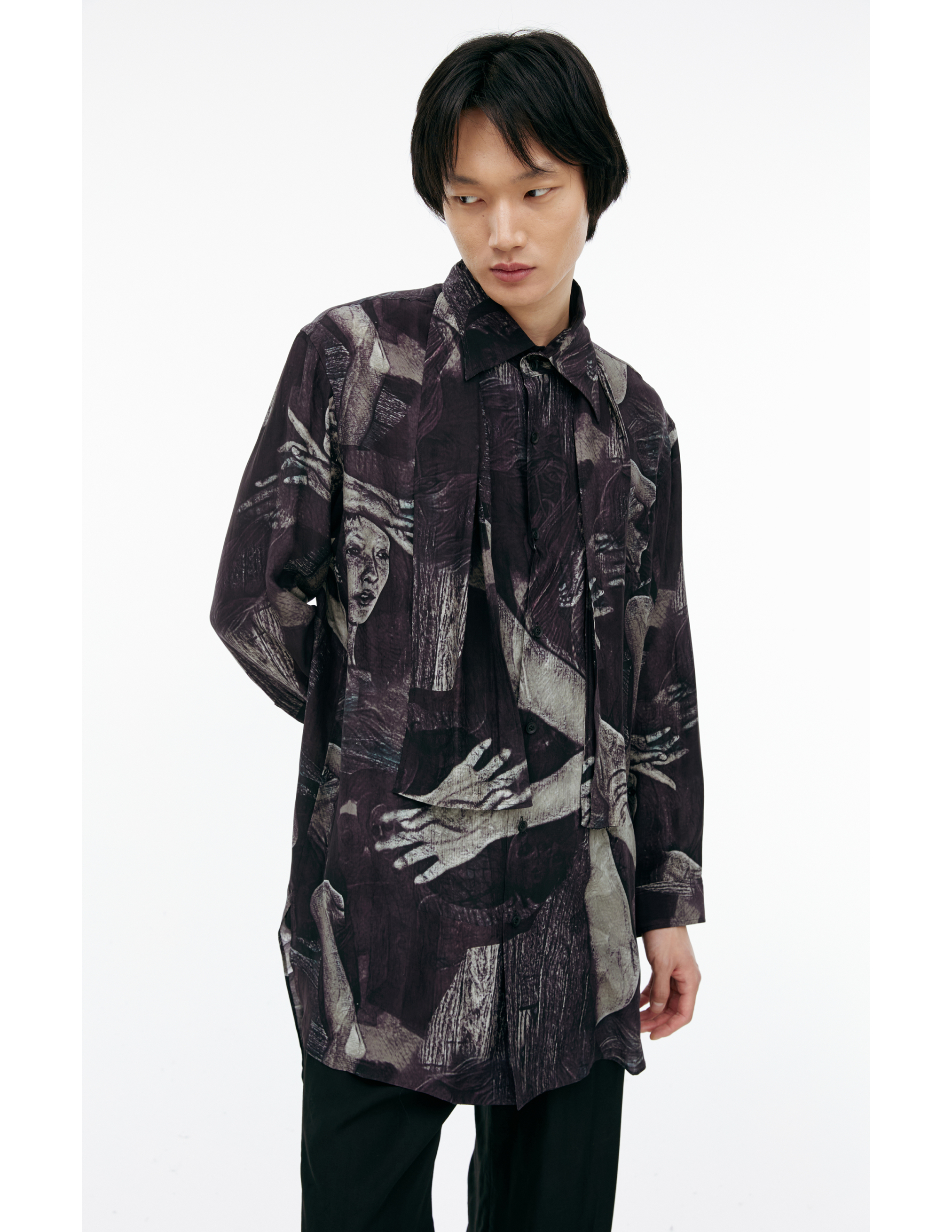 Shop Yohji Yamamoto Monoprint Silk Shirt In Black