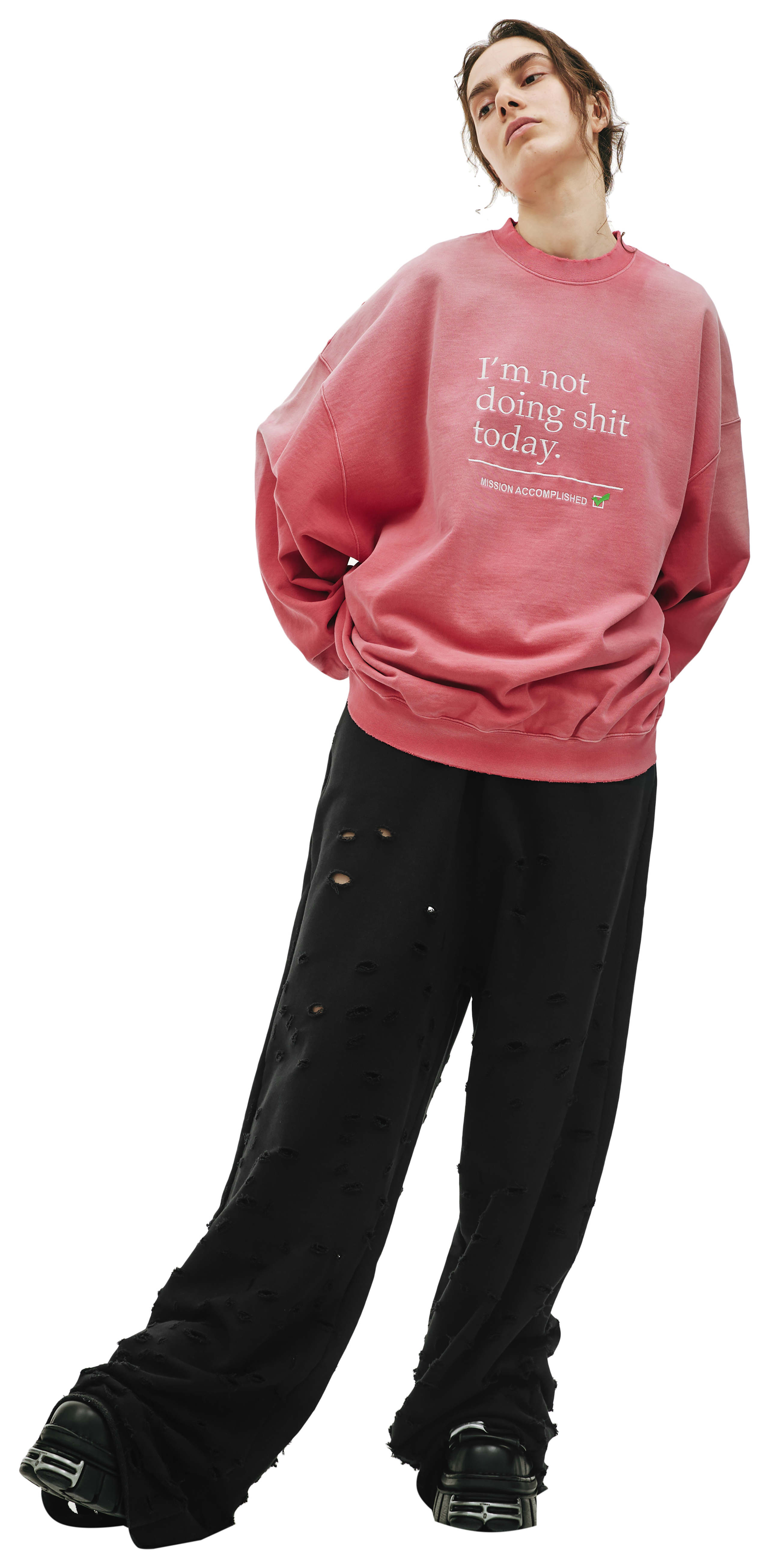 Buy VETEMENTS women pink not doing shit today sweatshirt for $696