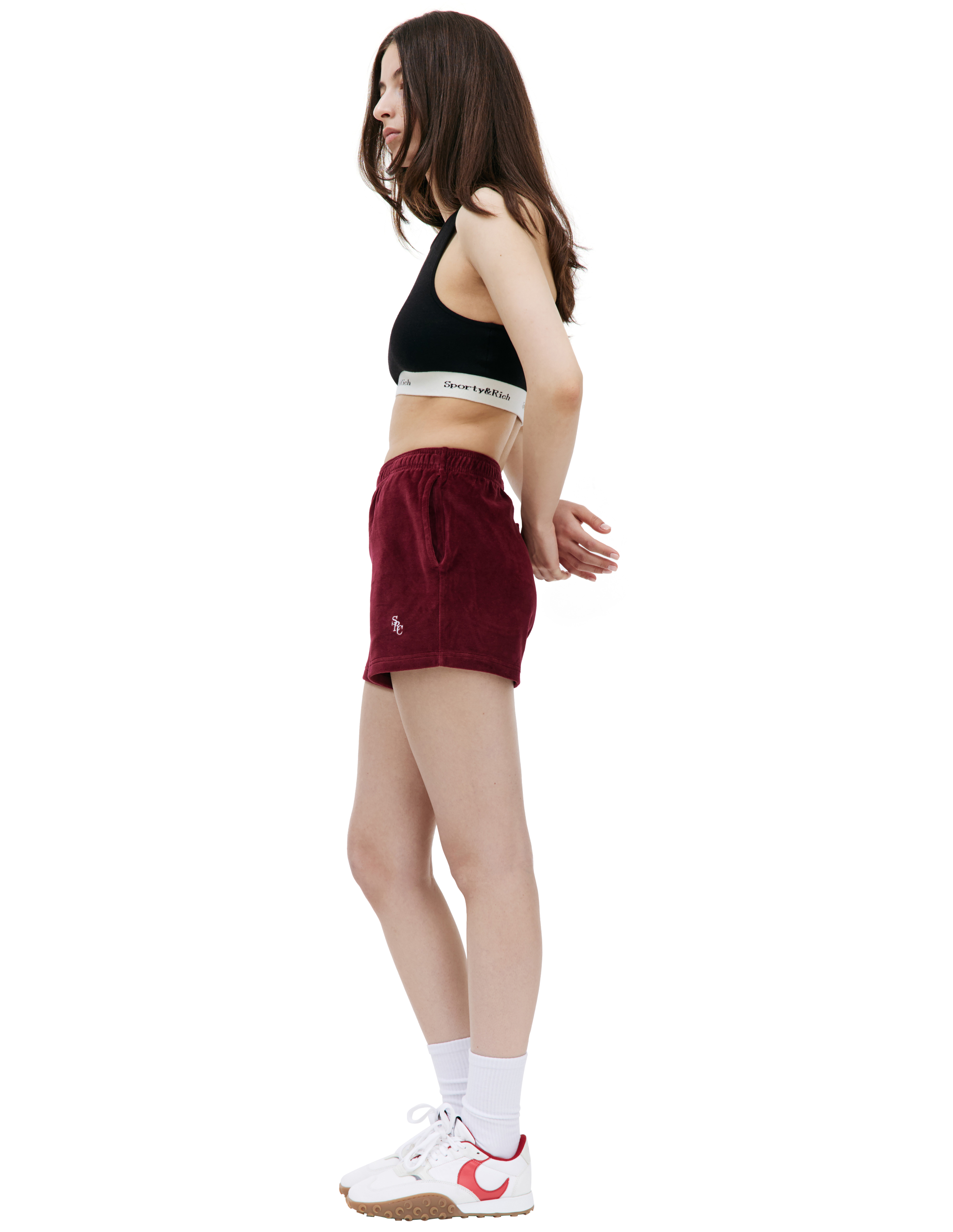 Shop Sporty And Rich Src Velour Shorts In Burgundy
