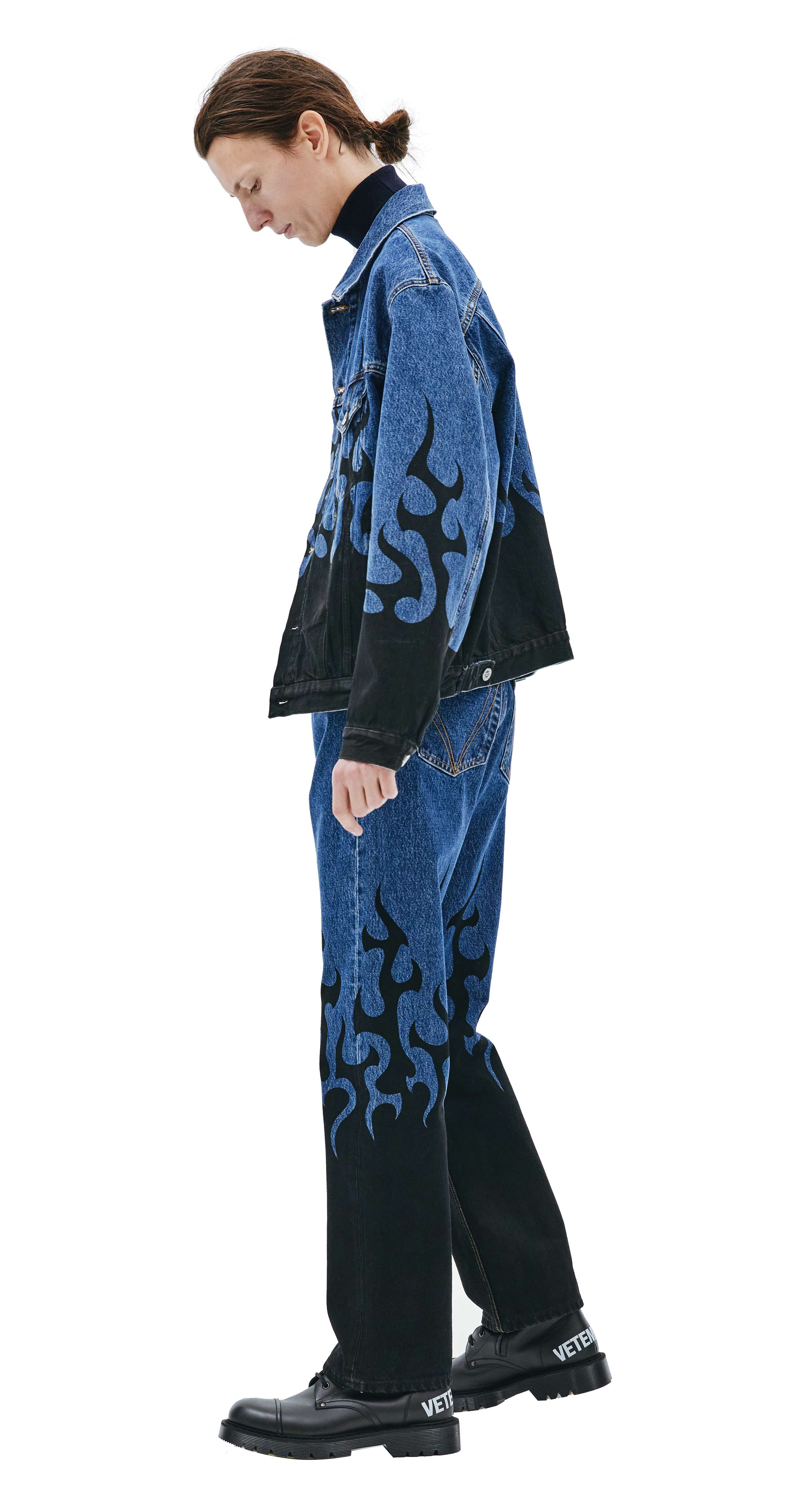 Buy VETEMENTS men navy blue flame print denim jacket for $1,145 online on  SV77, UA52JA300B/2803