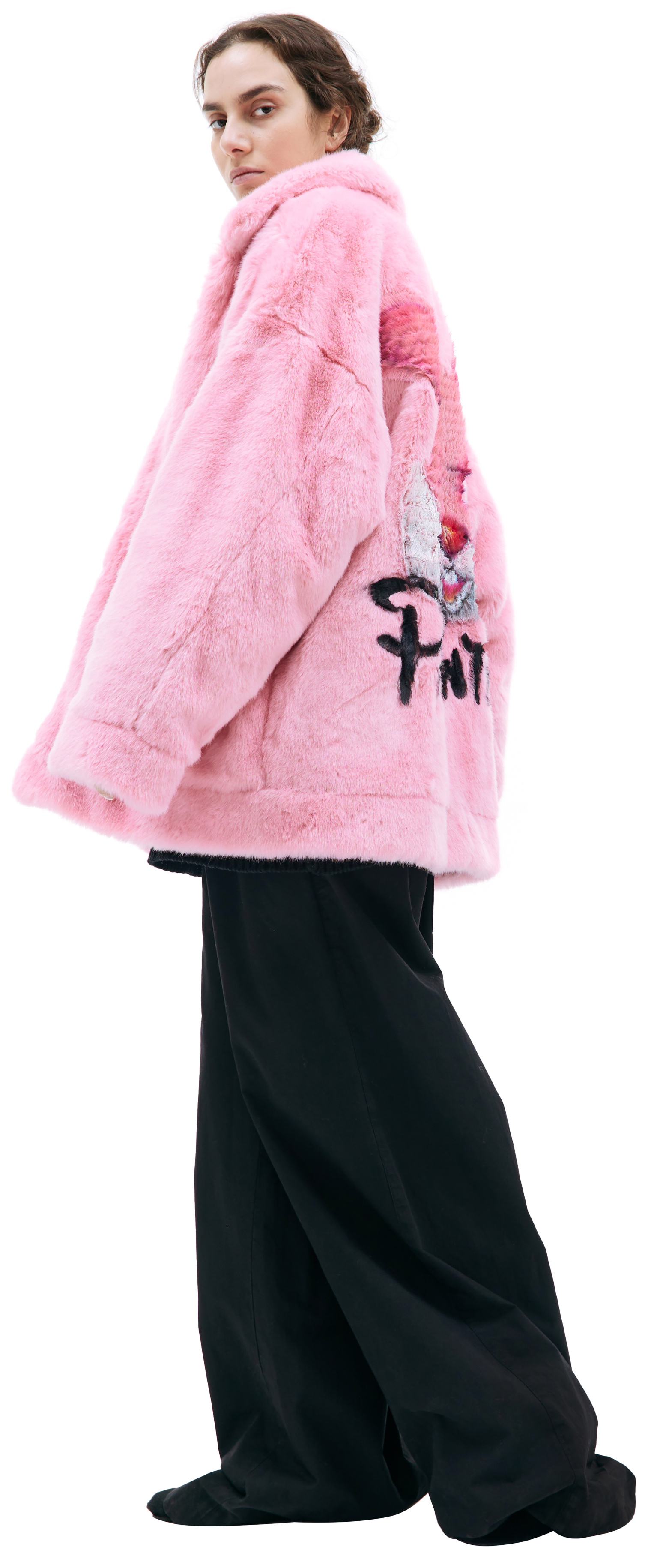 Buy Doublet women pink hand-painted faux-fur jacket for $1,425