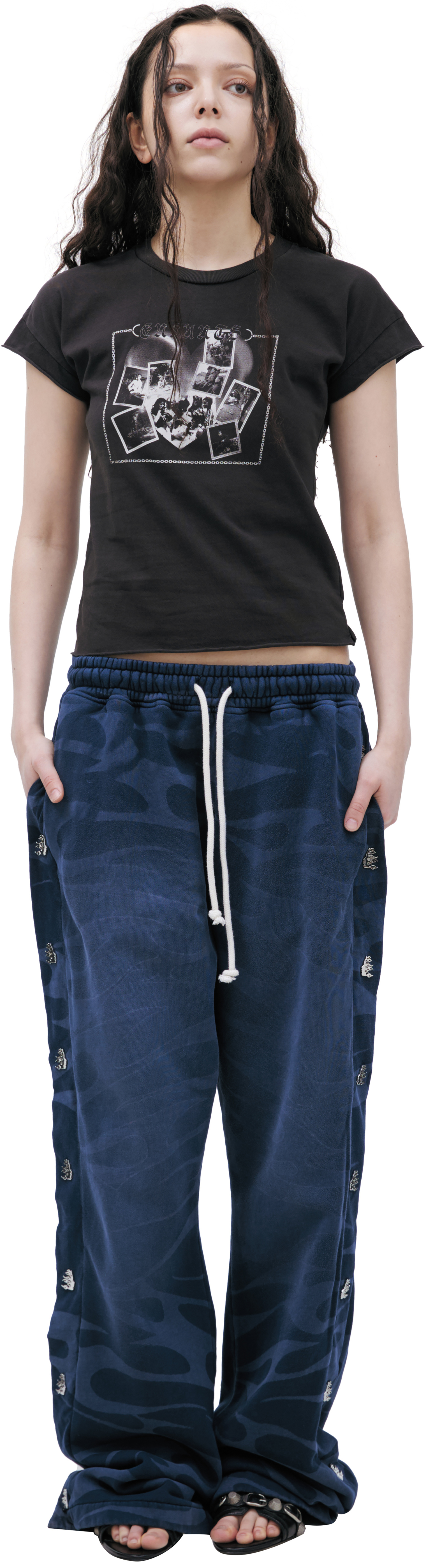 Buy Hellstar women blue trousers with a logo on the stripes for