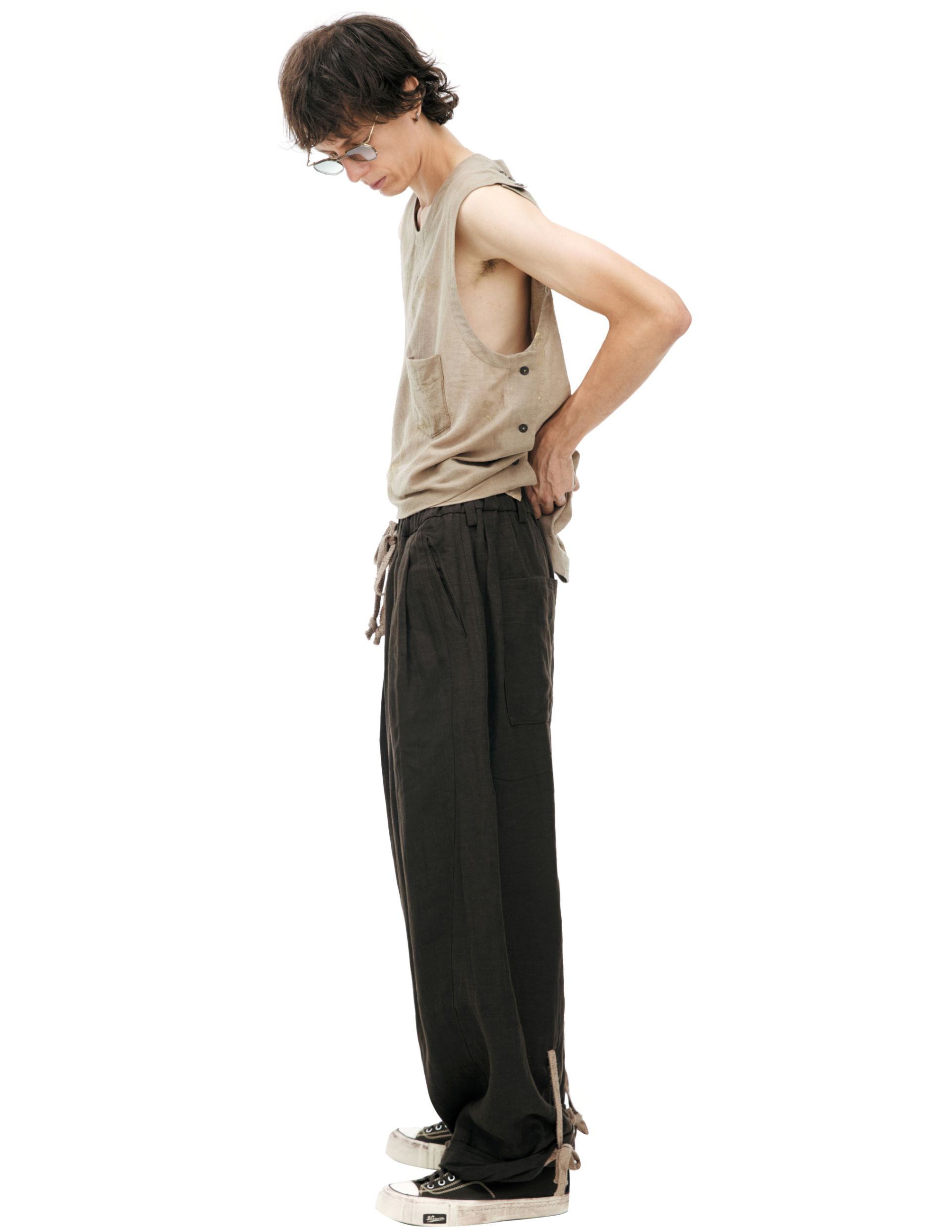 Ziggy Chen Брюки-0M2610536 свободные, с защипами, эластичный пояс с кулиской и шлевками для ремня, коричневые