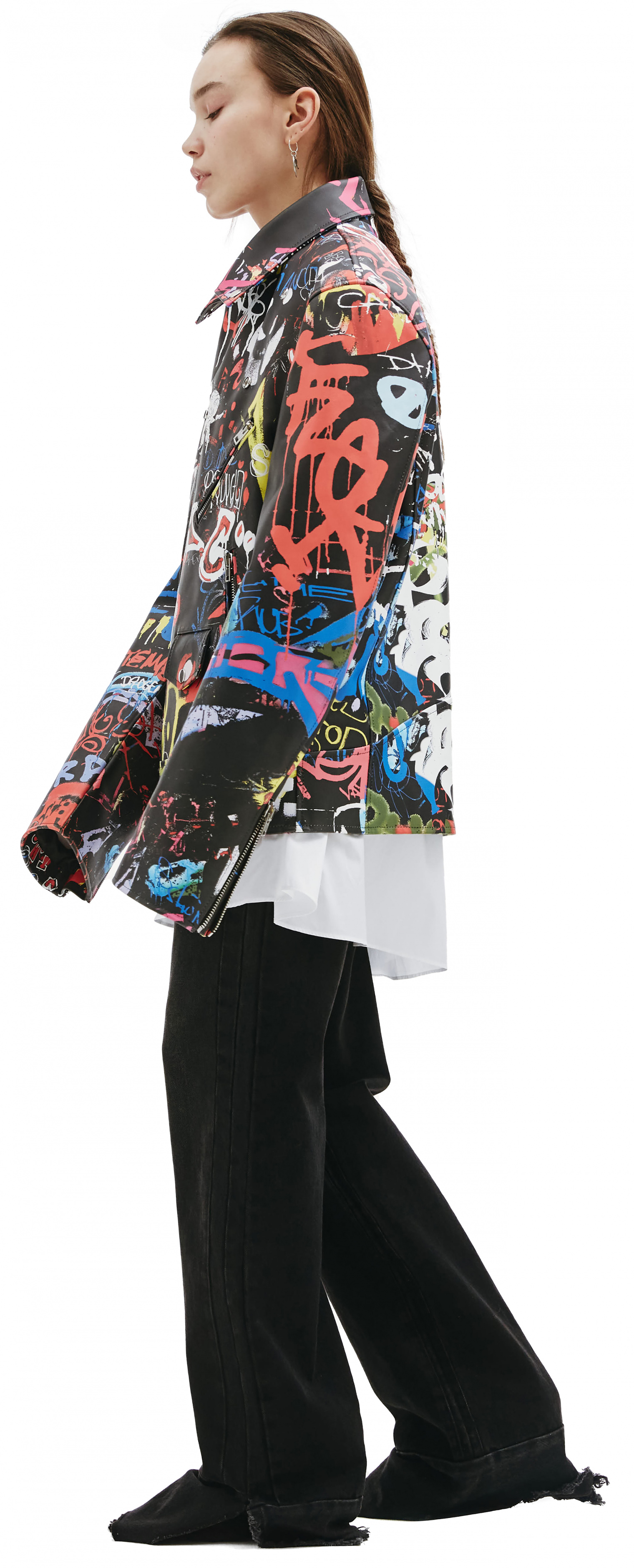 Buy VETEMENTS women multicolor graffiti printed leather jacket for