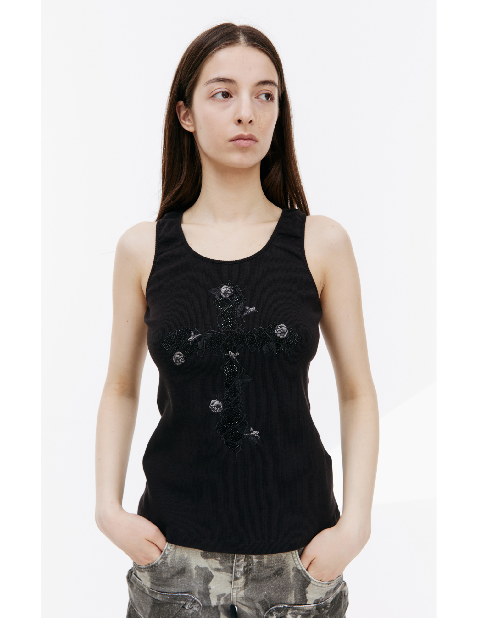 Blumarine Black crystal logo tank top