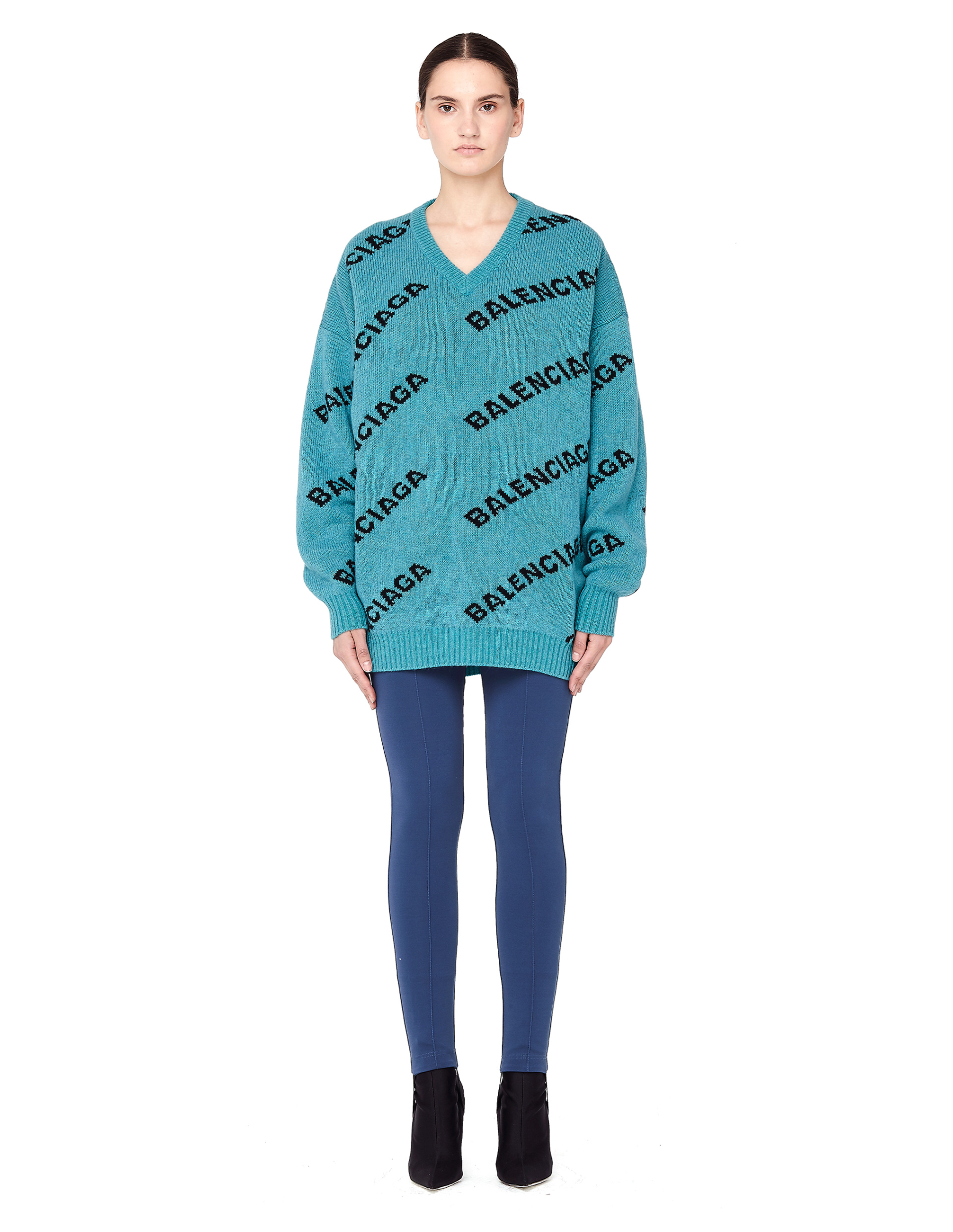 Balenciaga Turquoise Jacquard Logo Wool Sweater
