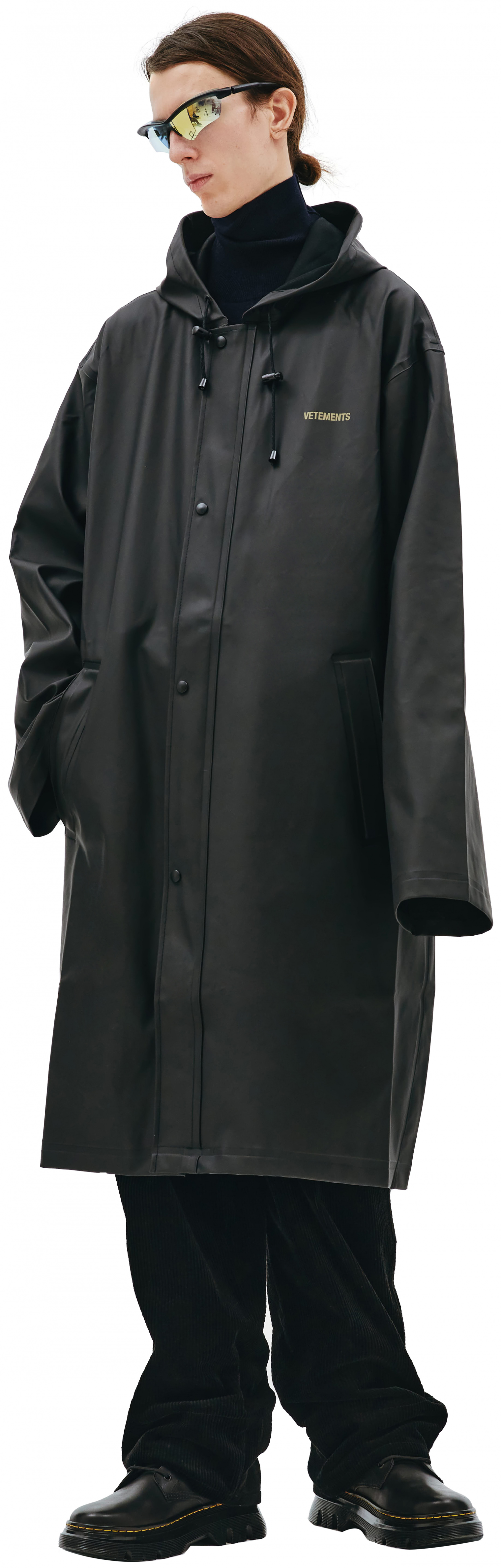 Buy VETEMENTS men black rain coat with logo for $432 online on 