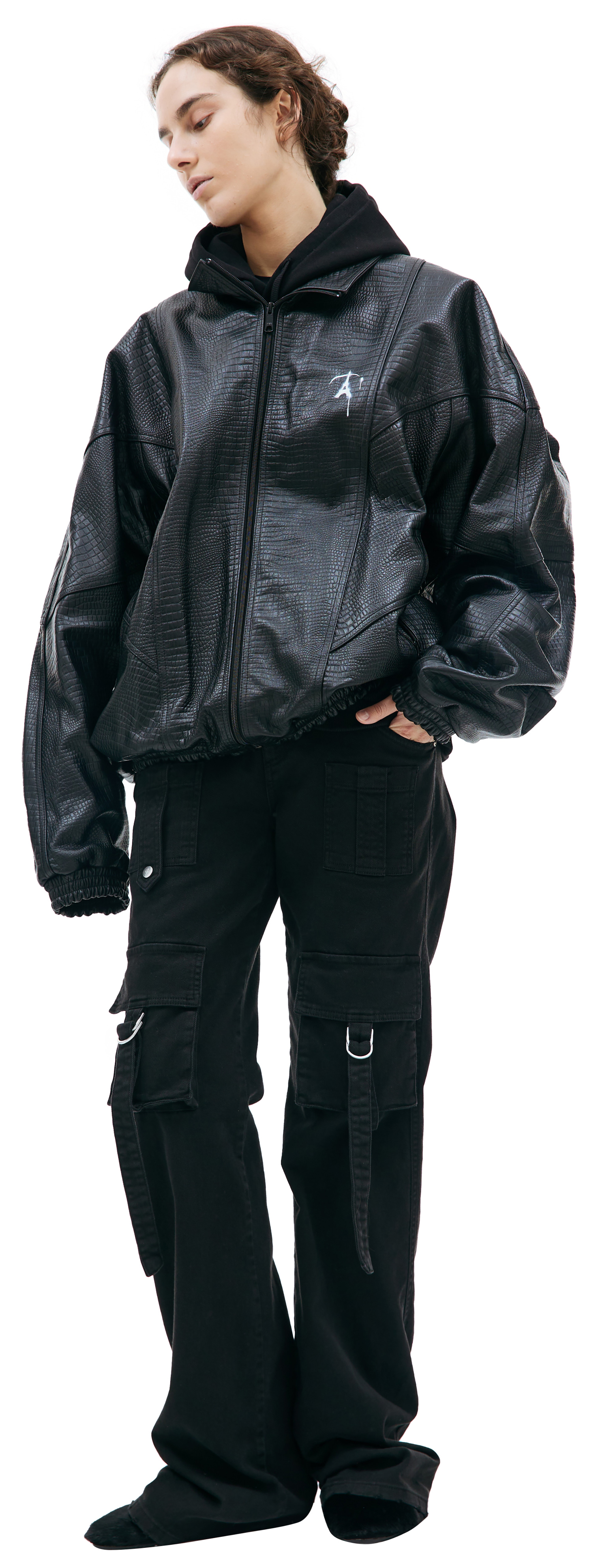 Buy Doublet women black printed leather track jacket for $1,885