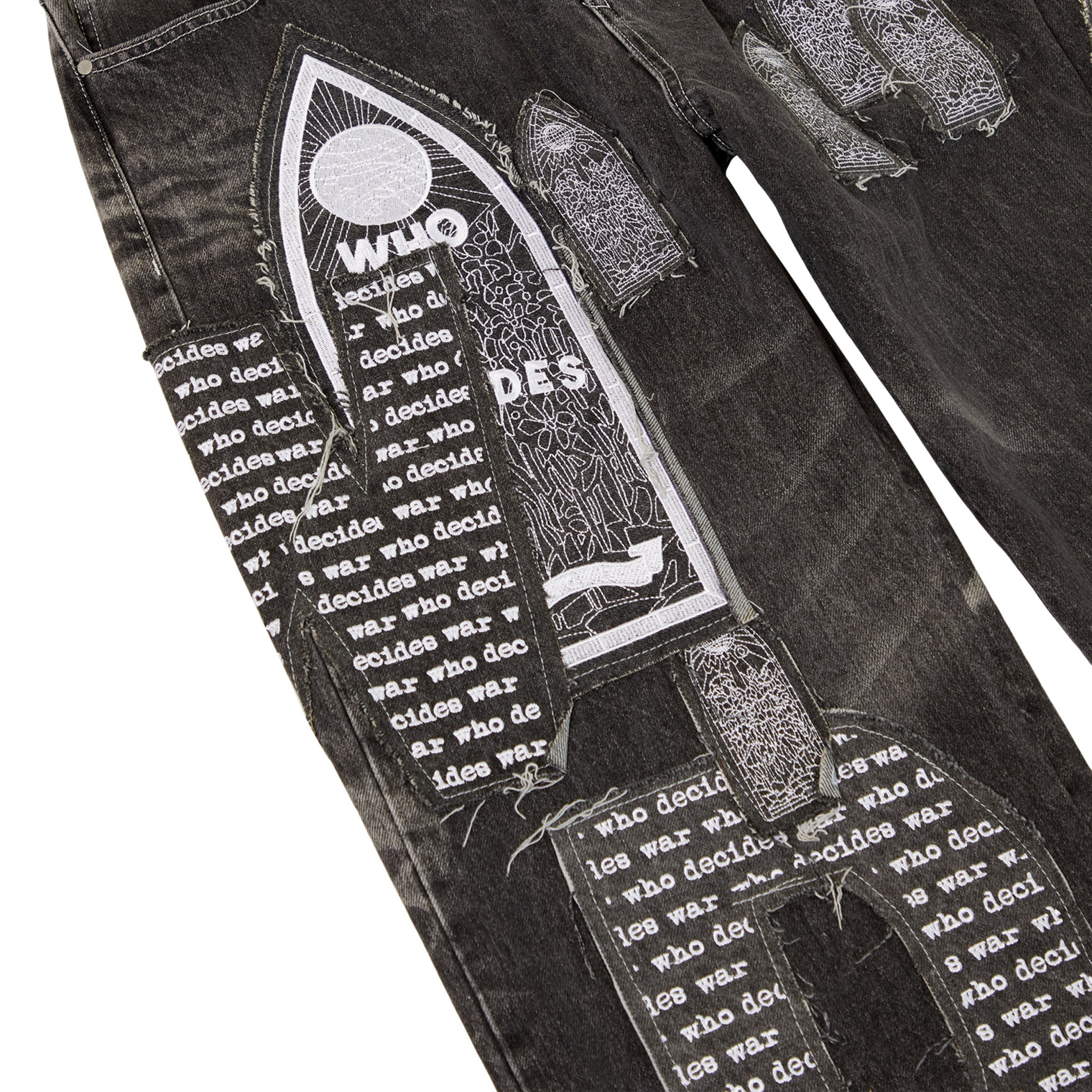 Who Decides War Motif Patched Denim