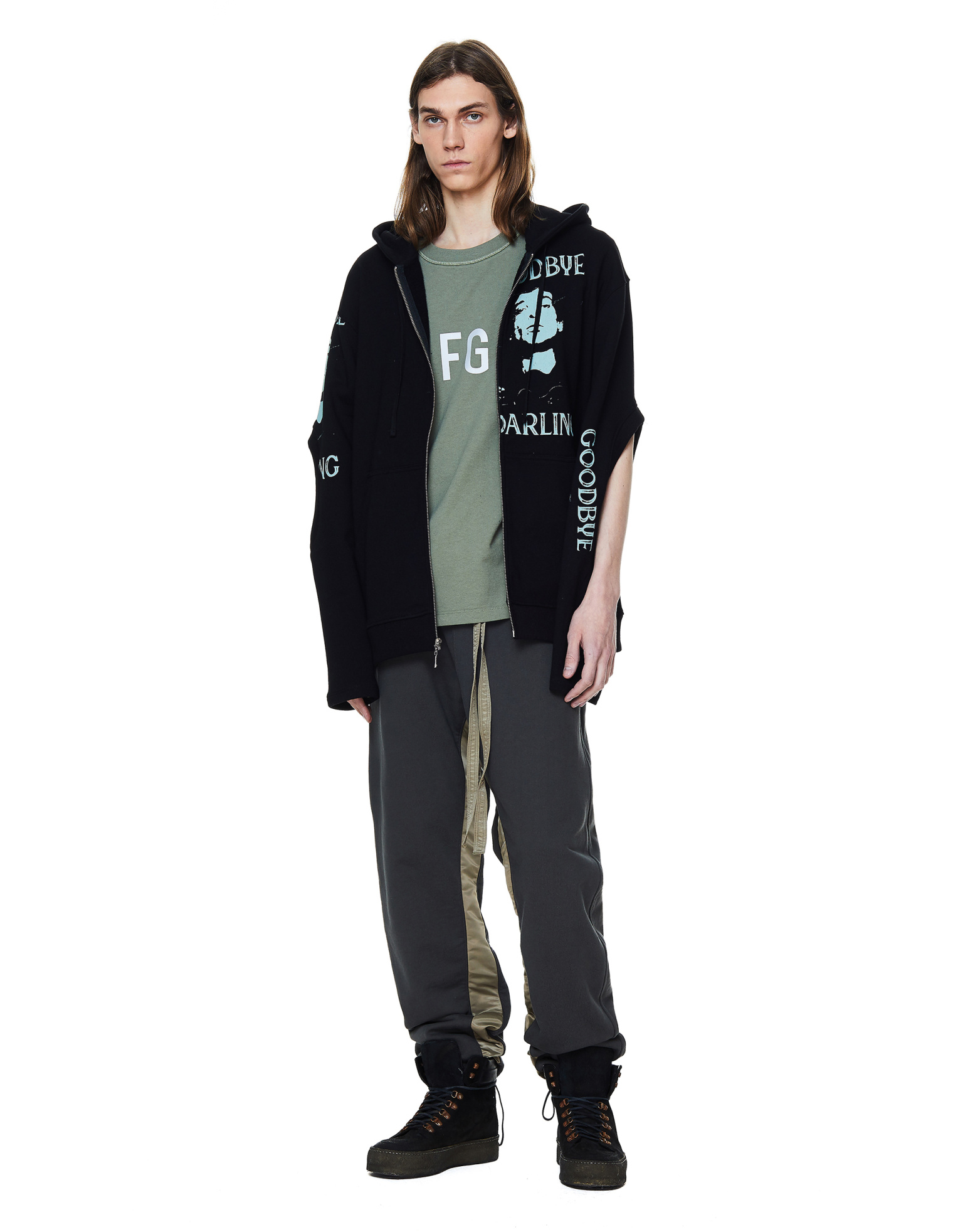 Midnight Studios Black Printed Zip-Up Cotton Hoodie
