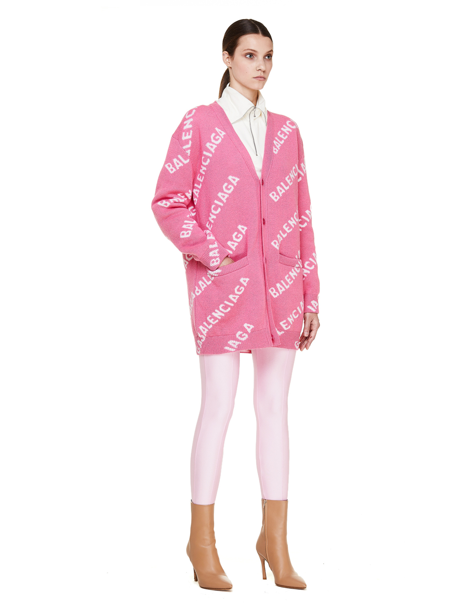 Balenciaga Pink Logo Wool Cardigan